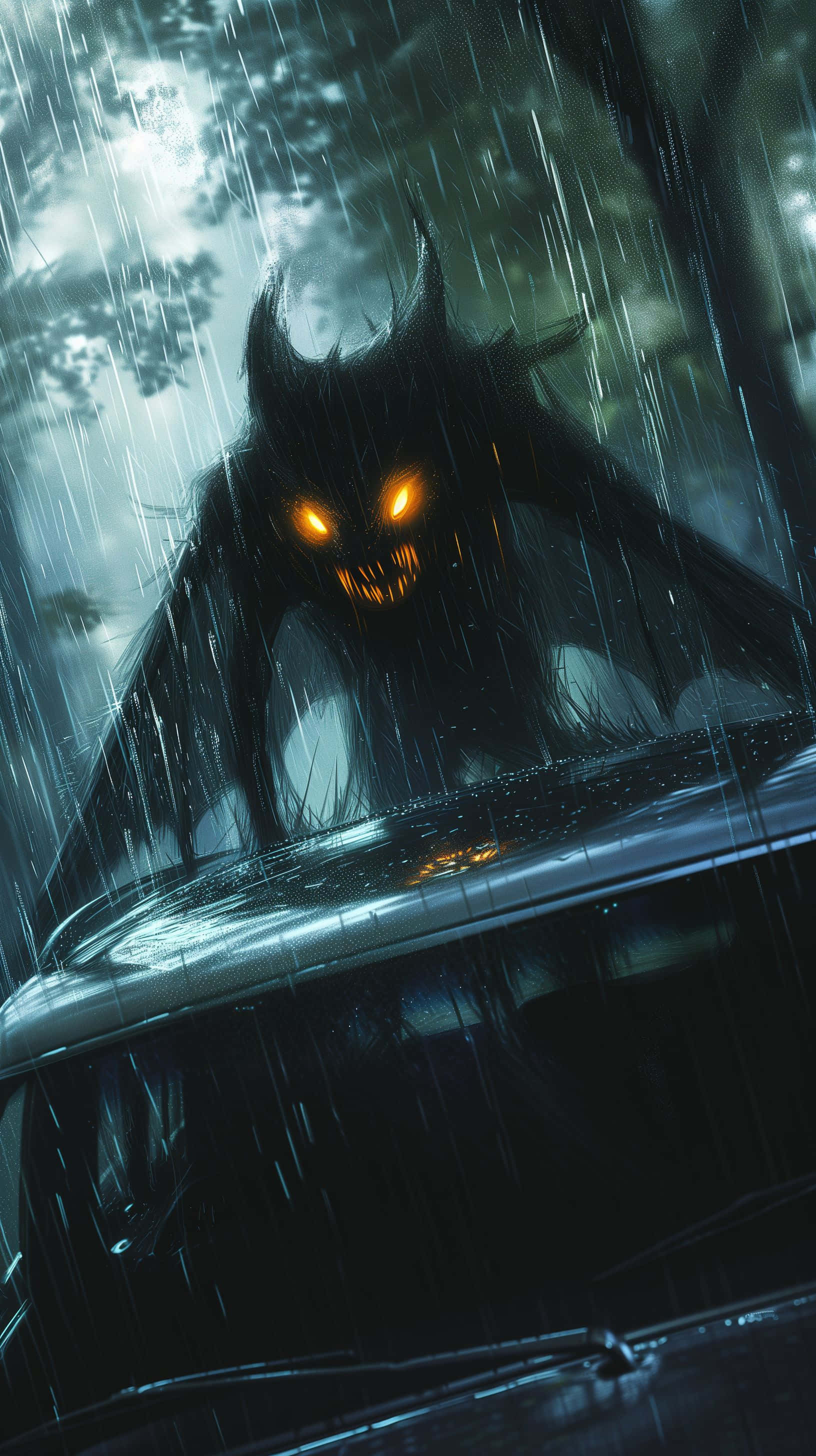 Mothman, car, rain, 2K Phone Wallpaper