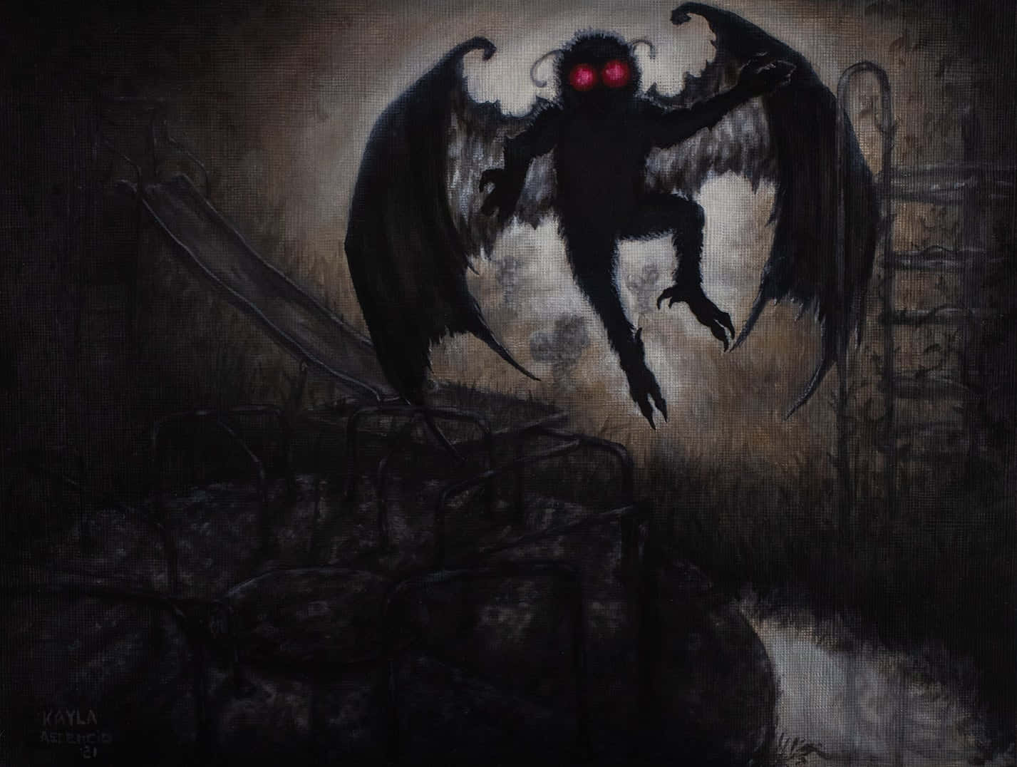 Mothman, black-winged demon, glowing red eyes, HD Desktop Wallpaper