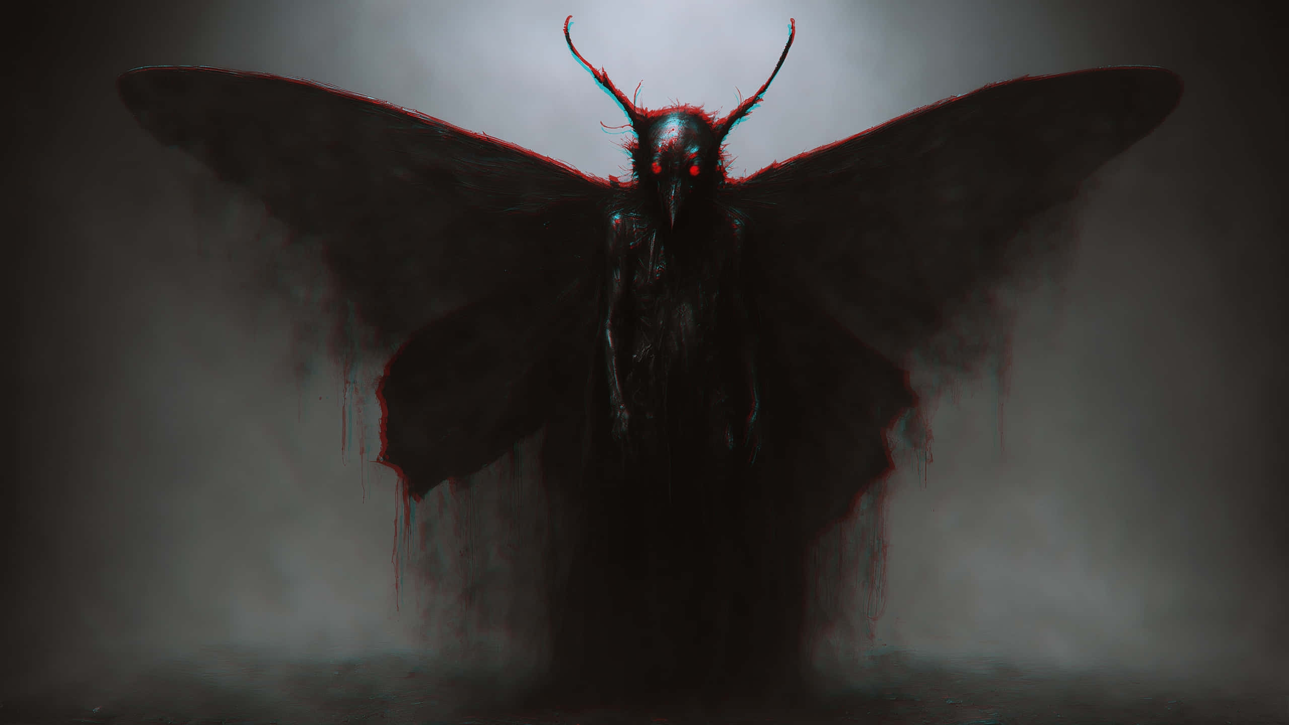 Mothman, glowing red eyes, dripping wings, 2K Desktop Wallpaper