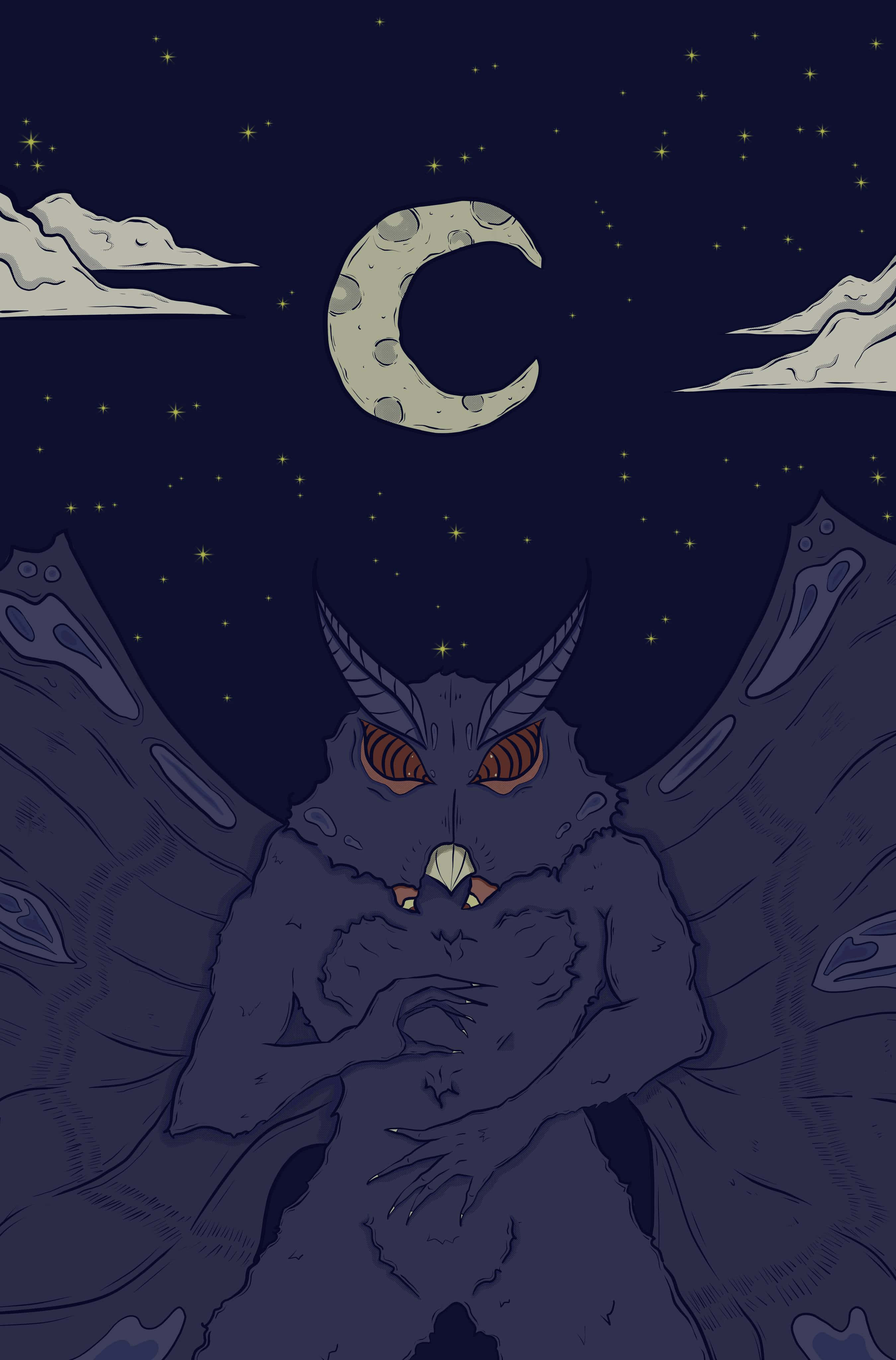 Mothman, crescent moon, glowing orange eyes, 4K Phone Wallpaper
