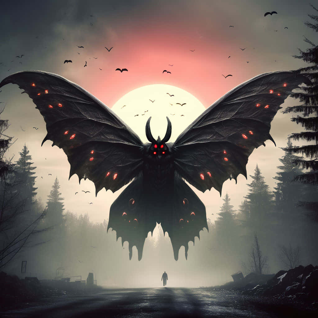 Mothman, dusk, misty forest road, SD Desktop Wallpaper