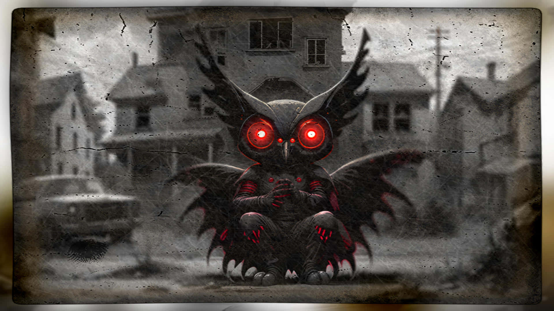 Mothman, red-eyed owl creature, bat-like wings, Full HD Desktop Wallpaper