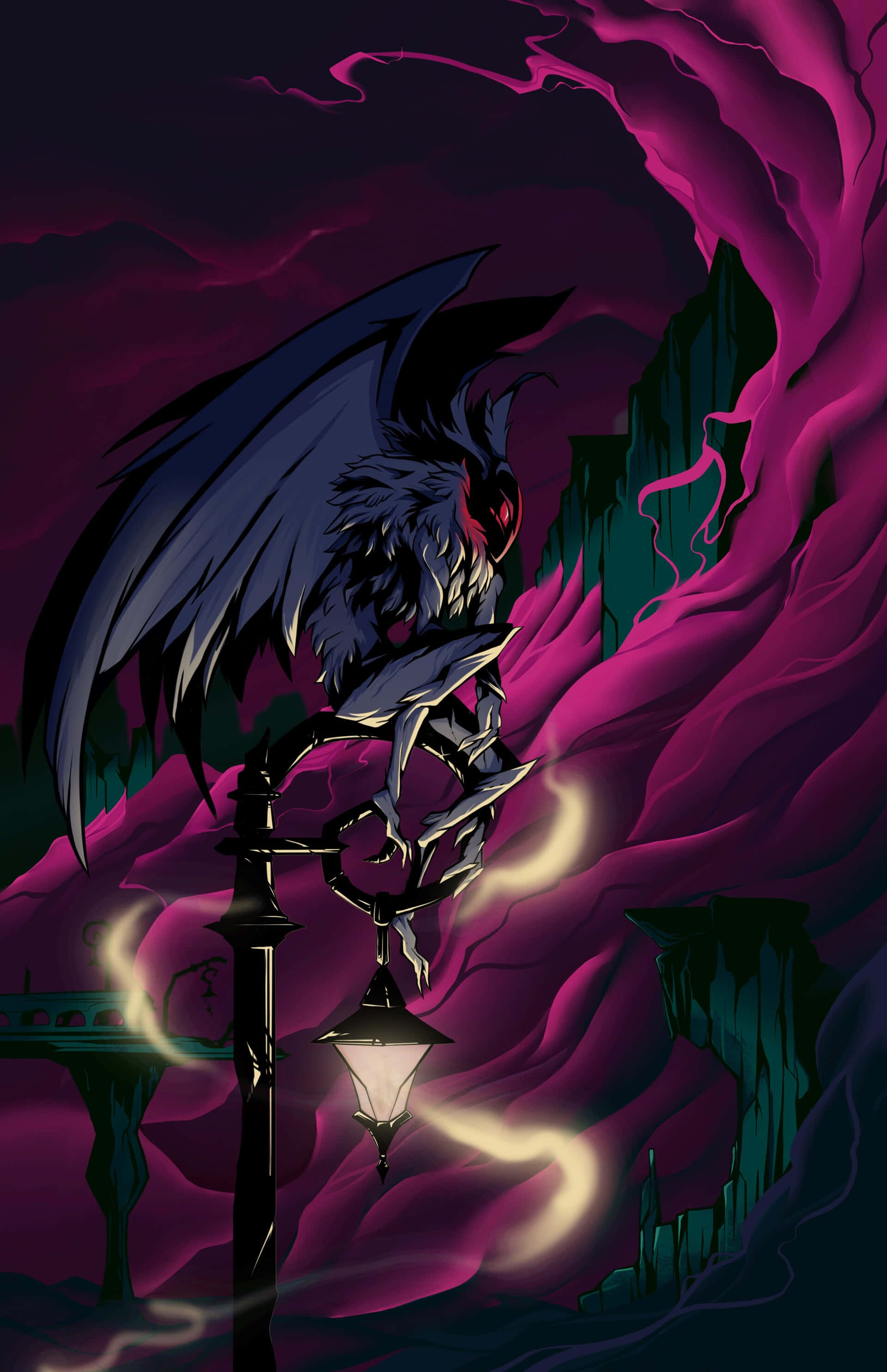 Mothman, lamp post, glowing streetlamp, 2K Phone Wallpaper