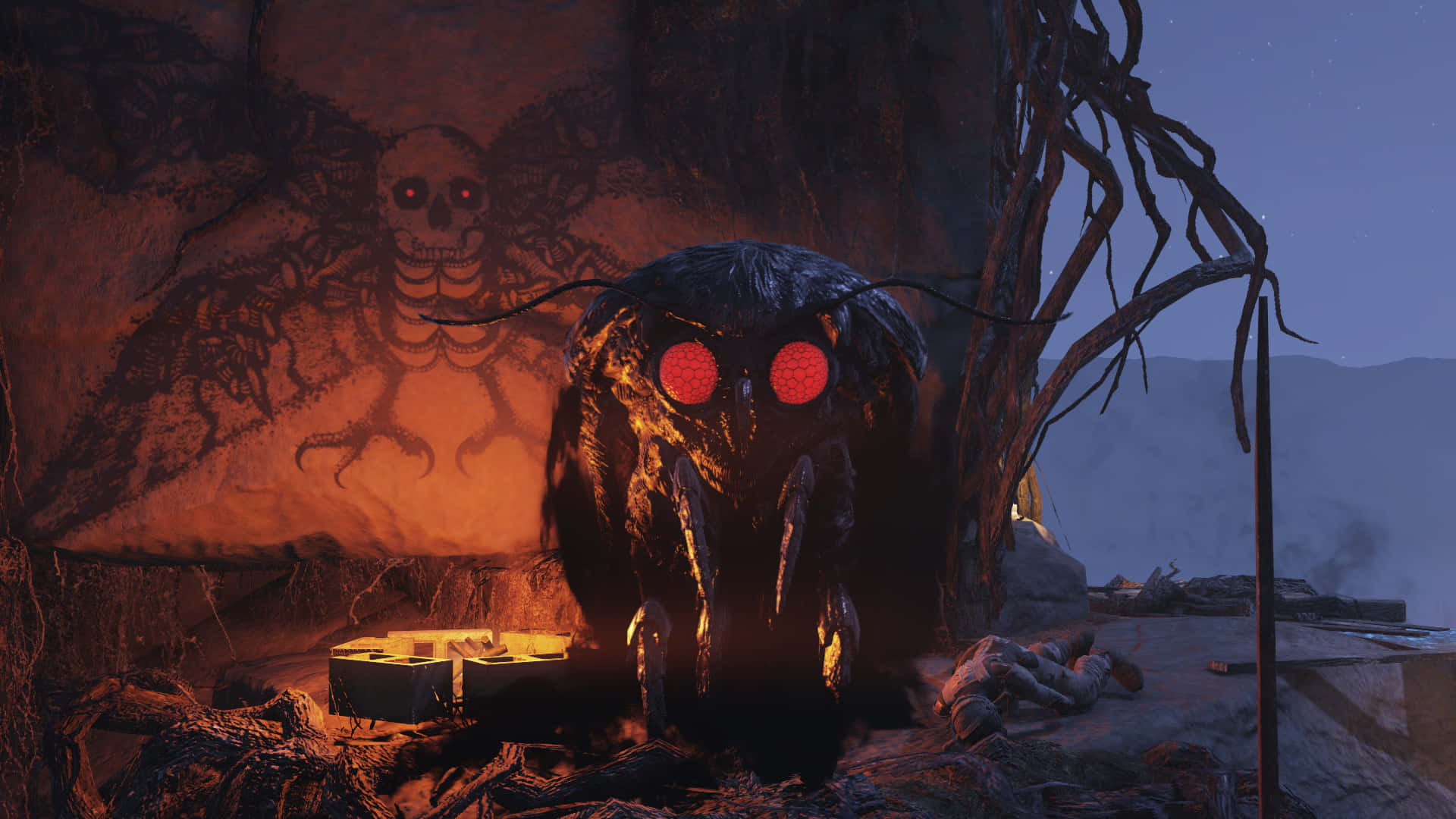 Mothman, ruined landscape, starry night sky, Full HD Desktop Wallpaper