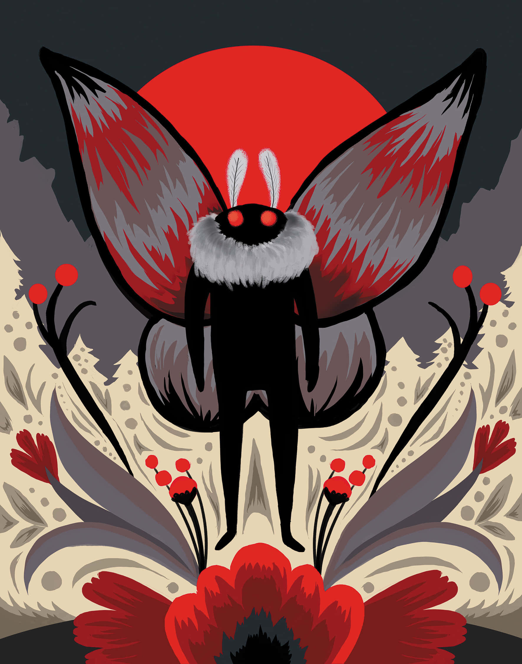 Mothman, red moon, red flowers, Full HD Phone Wallpaper