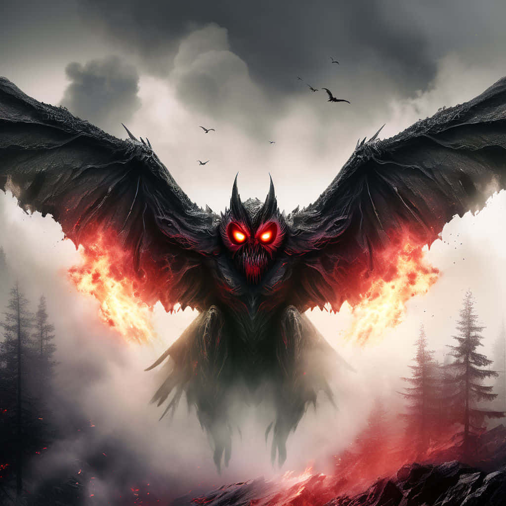 Mothman, glowing red eyes, fiery wings, SD Desktop Wallpaper
