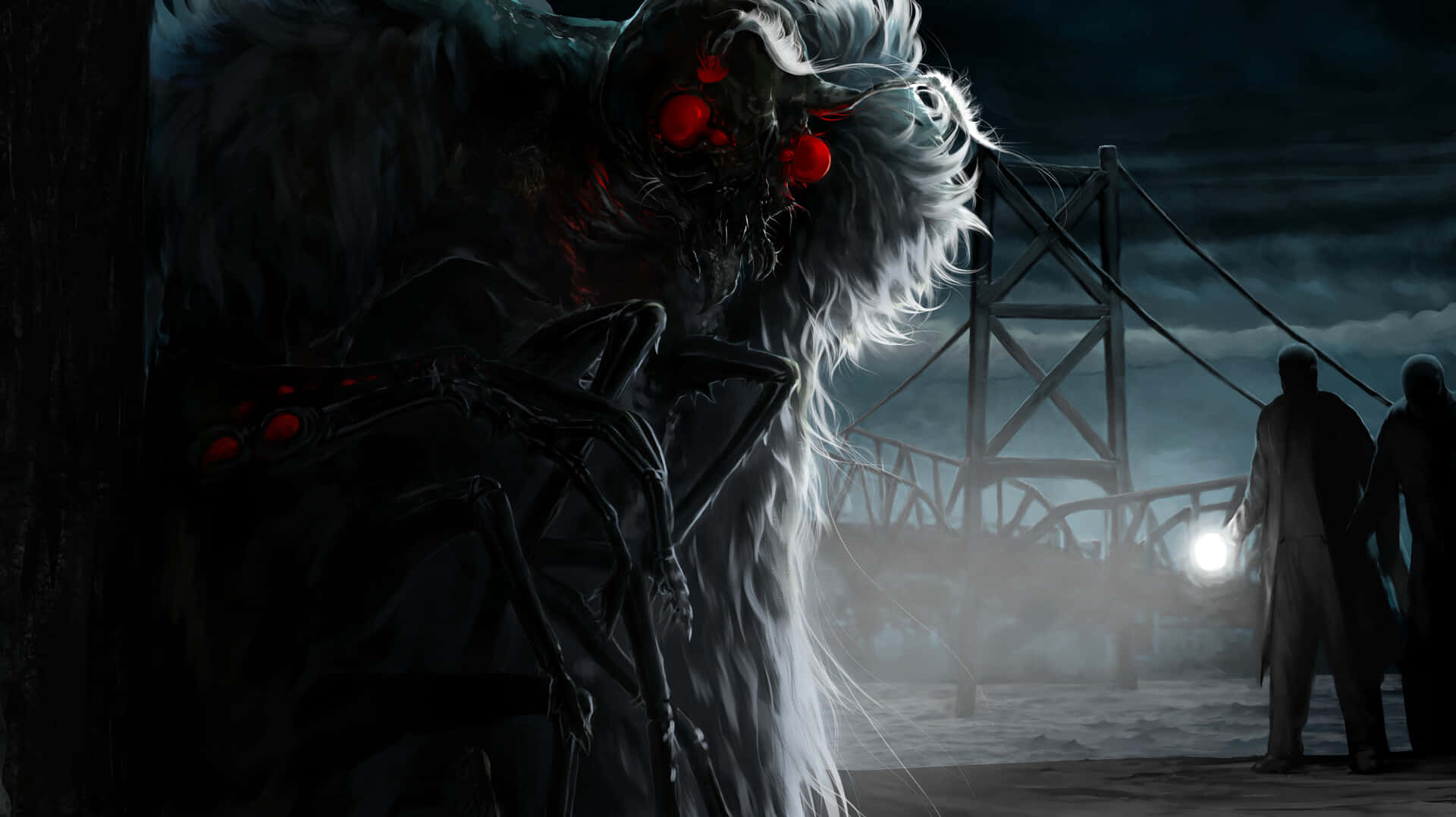 Mothman, glowing red eyes, white hair, Full HD Desktop Wallpaper