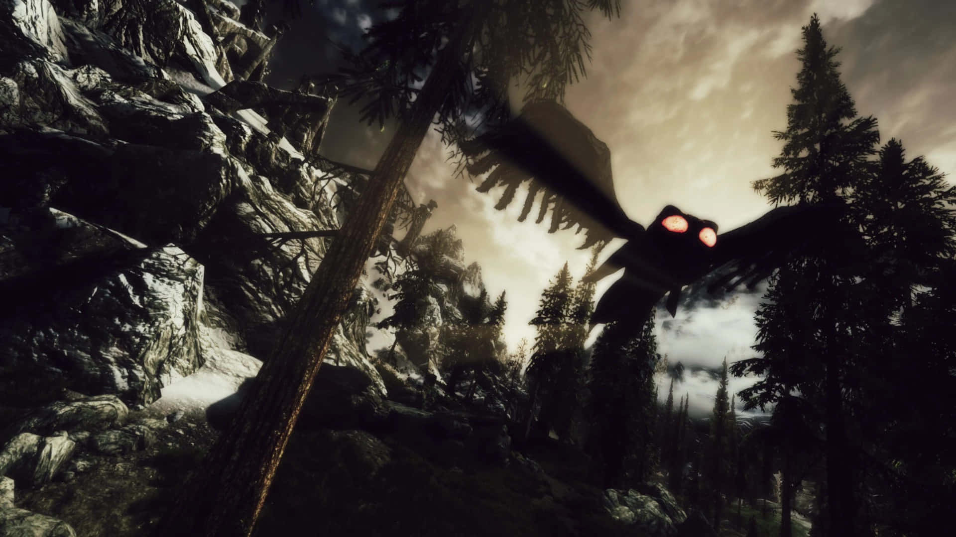 Mothman, dark forested mountain valley, dusk, Full HD Desktop Wallpaper