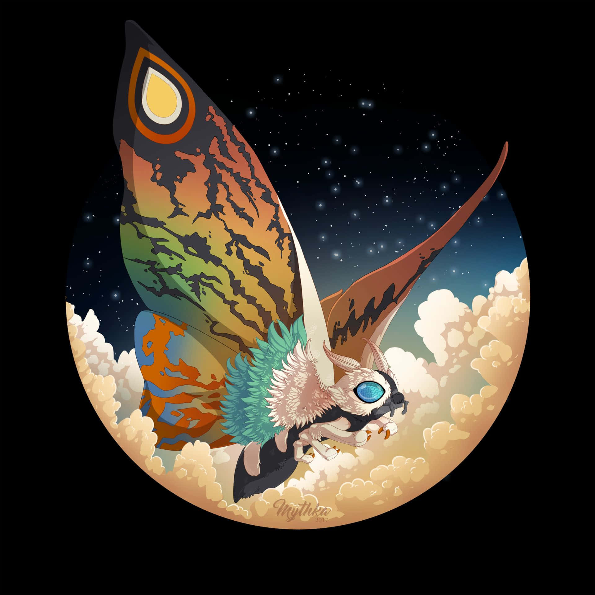 Mothra, rainbow-patterned wings, clouds, Full HD Desktop Wallpaper