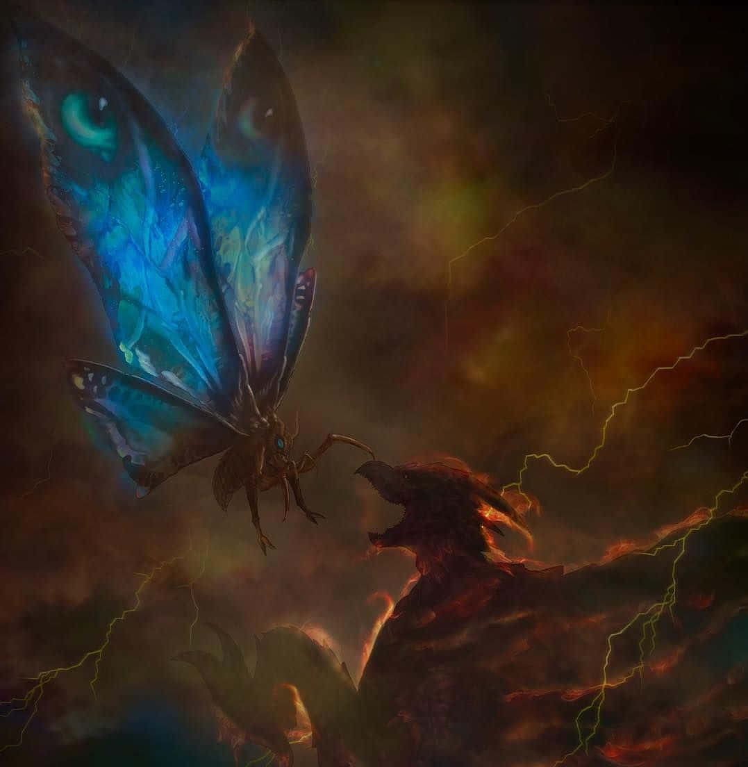 Mothra, blue-winged, glowing eyes, SD Phone Wallpaper