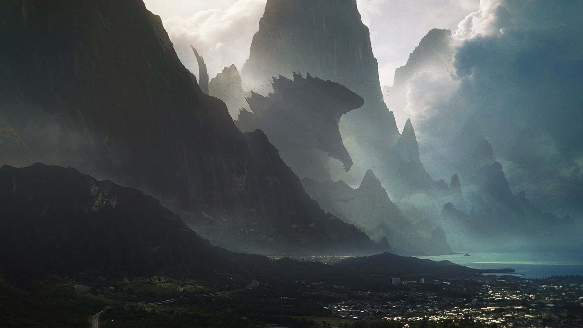 Mothra, stormy sky, jagged mountains, Full HD Desktop Wallpaper