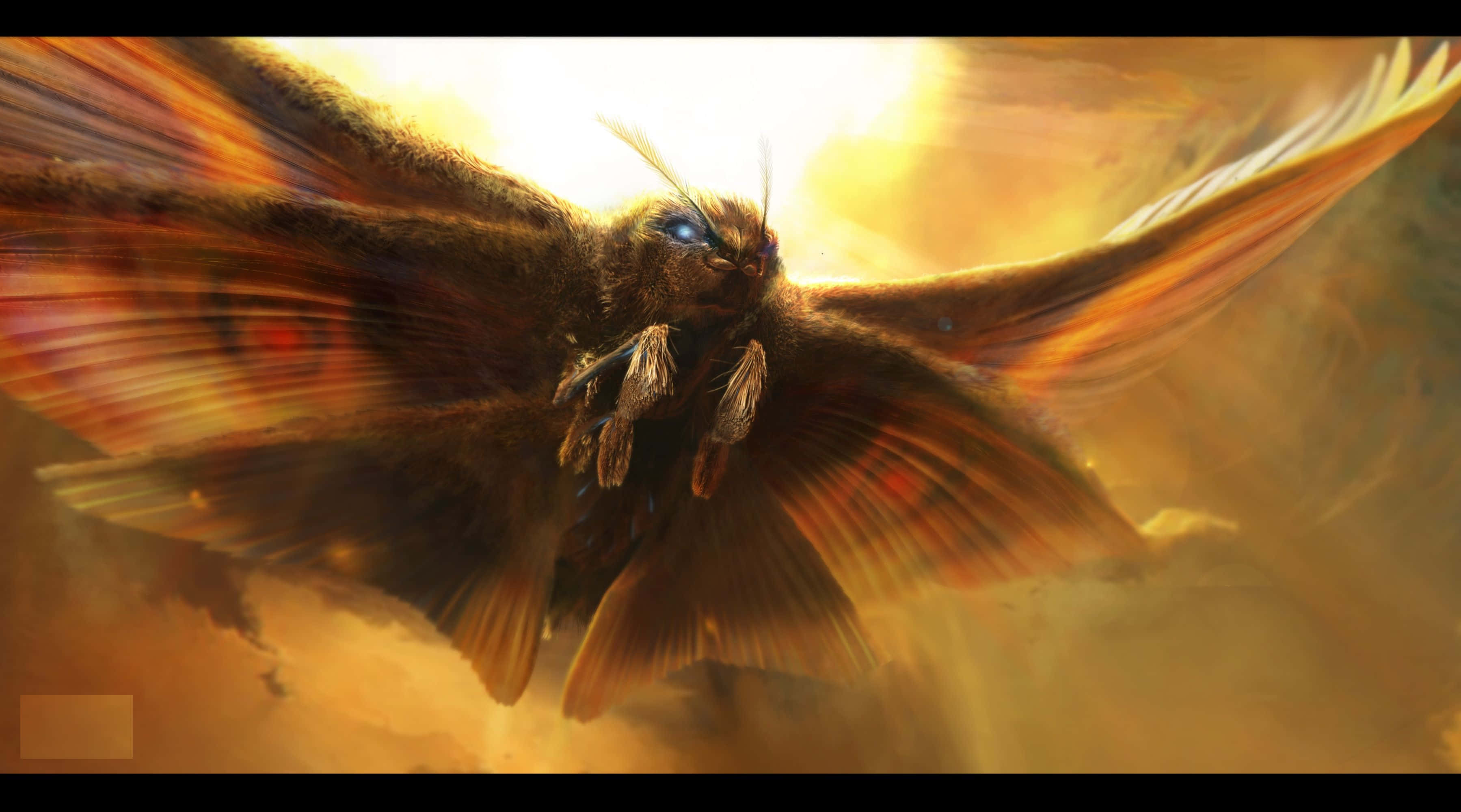 Mothra, glowing blue eyes, golden sunset sky, 2K Desktop Wallpaper