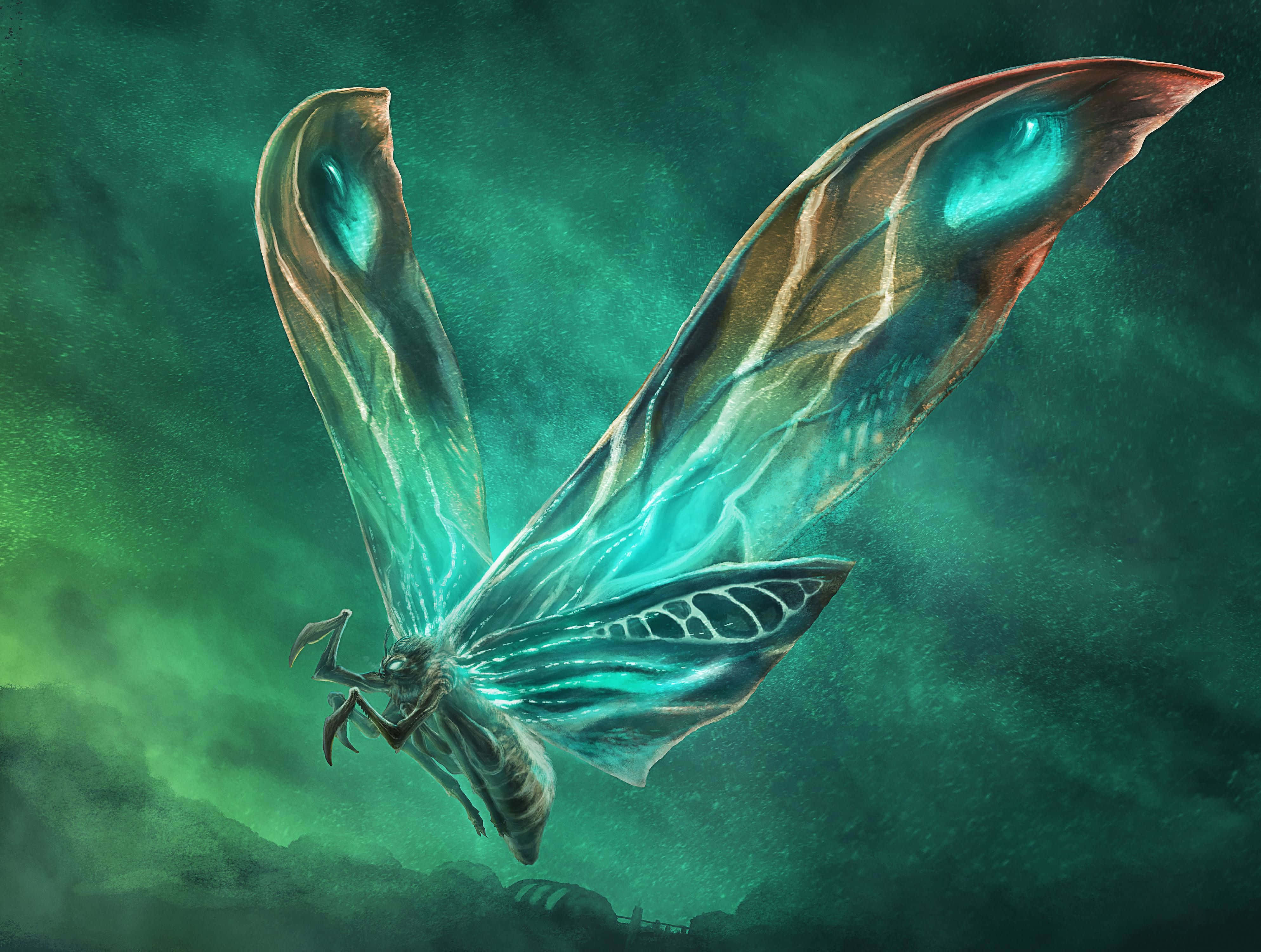 Mothra, teal-winged, translucent wings, 4K Desktop Wallpaper