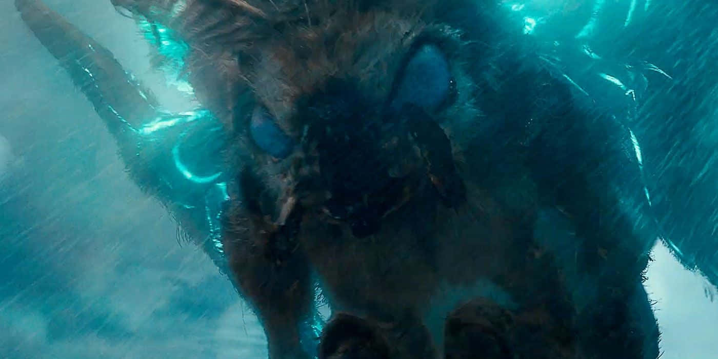 Mothra, glowing blue eyes, teal water, HD Desktop Wallpaper