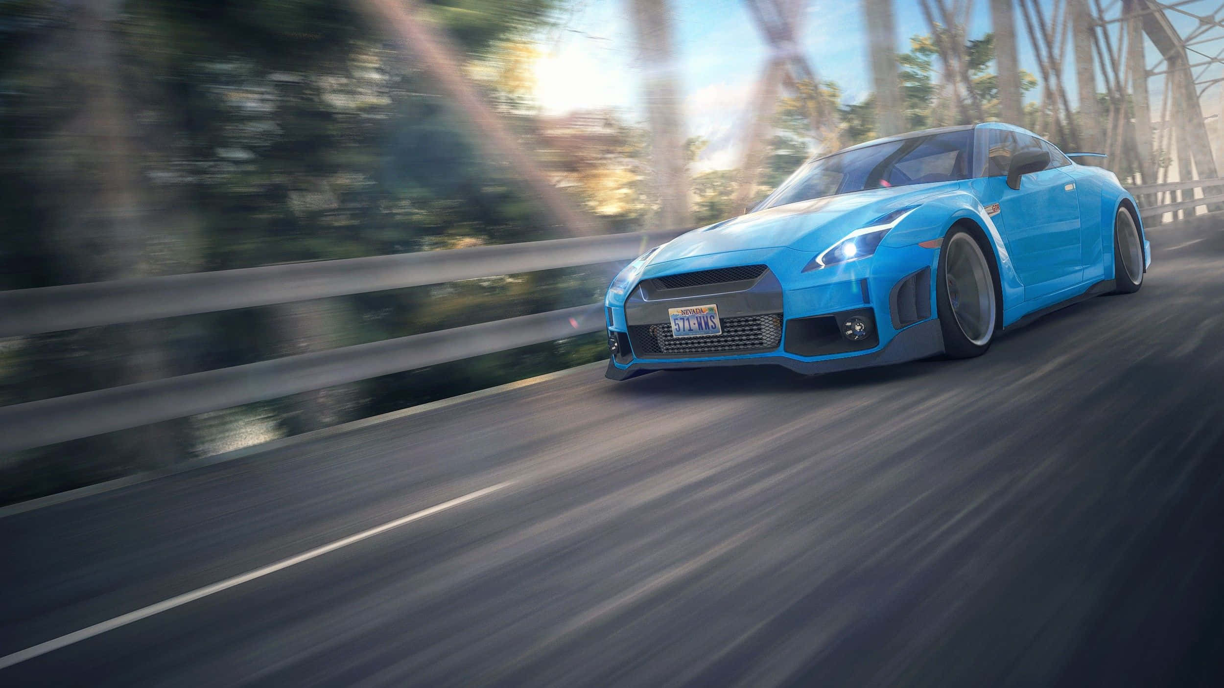 vibrant blue sports car, bridge, motion blur, Full HD Desktop Wallpaper