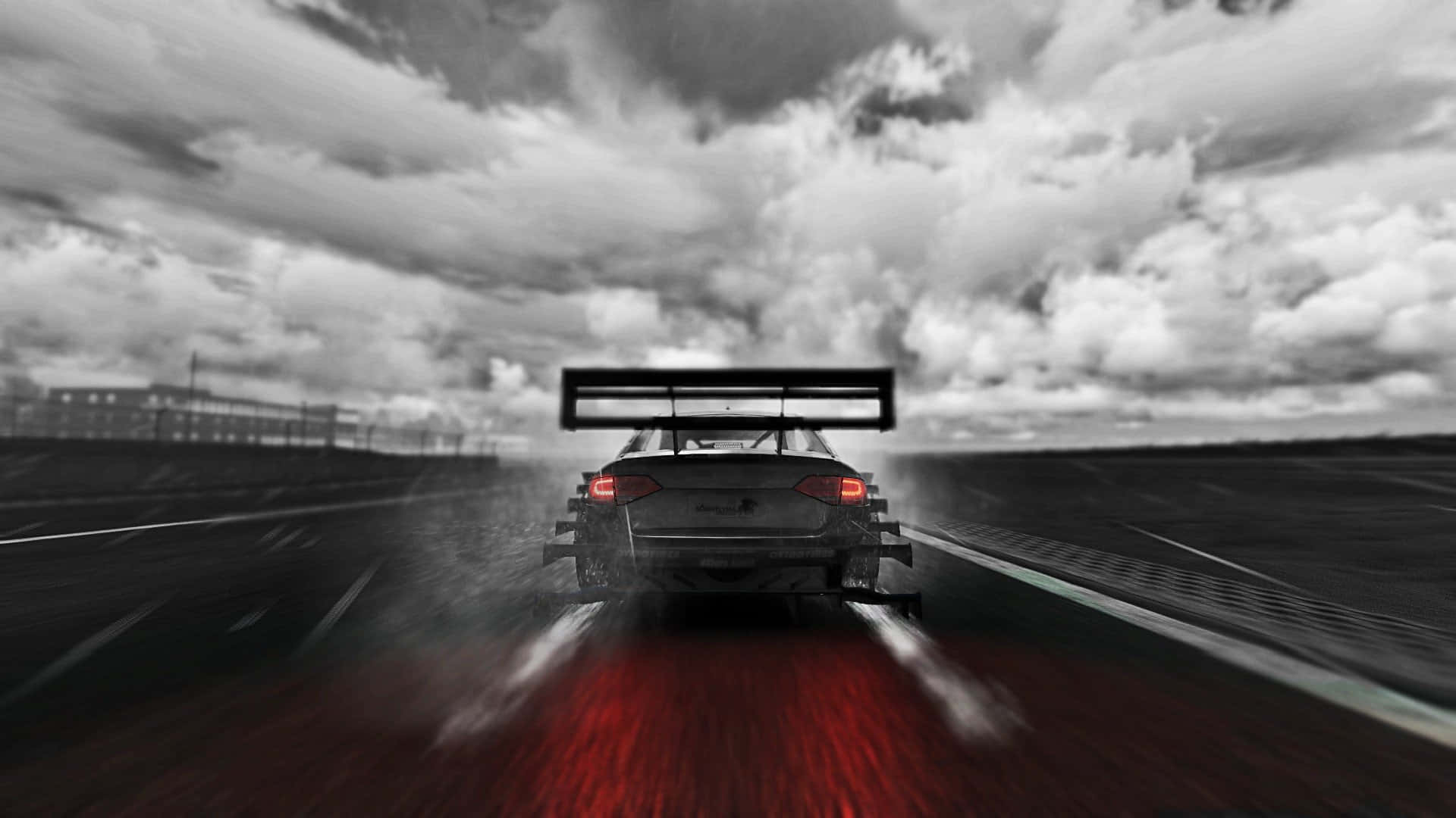 race car, wet track, stormy sky, Full HD Desktop Wallpaper