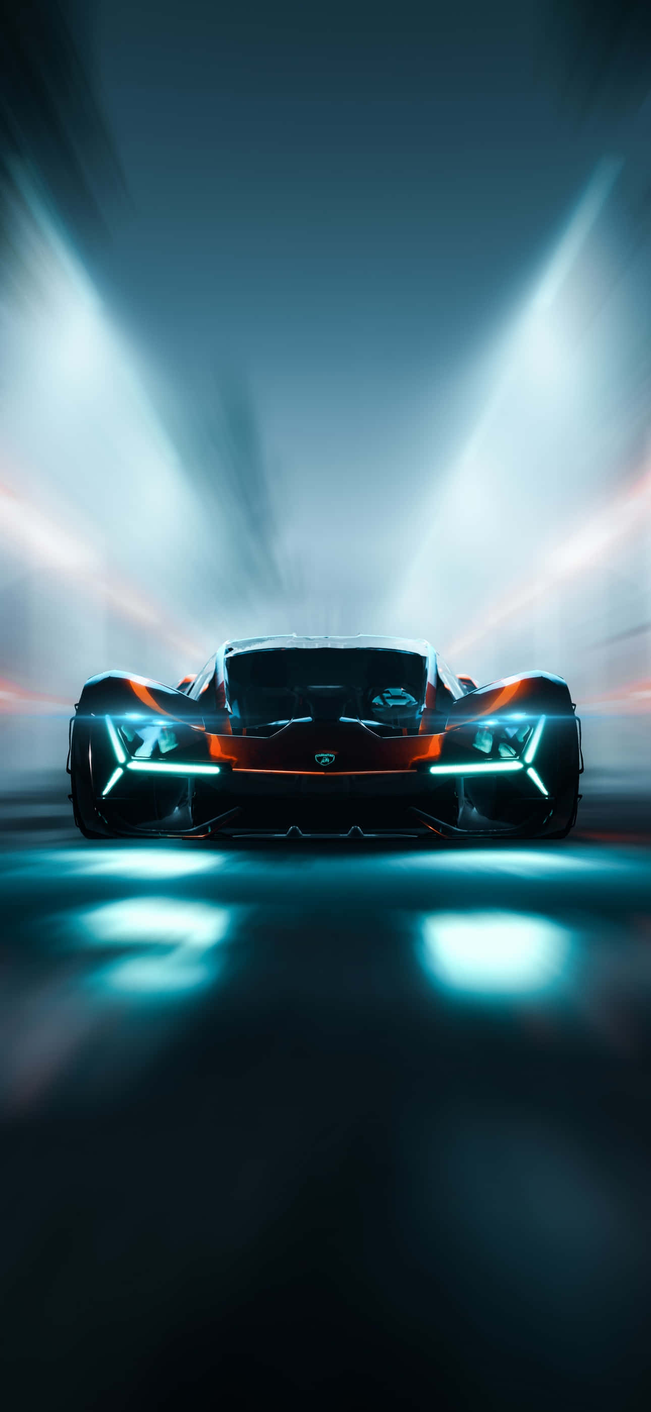 futuristic supercar, glowing blue and orange lights, dramatic spotlights, 2K Phone Wallpaper
