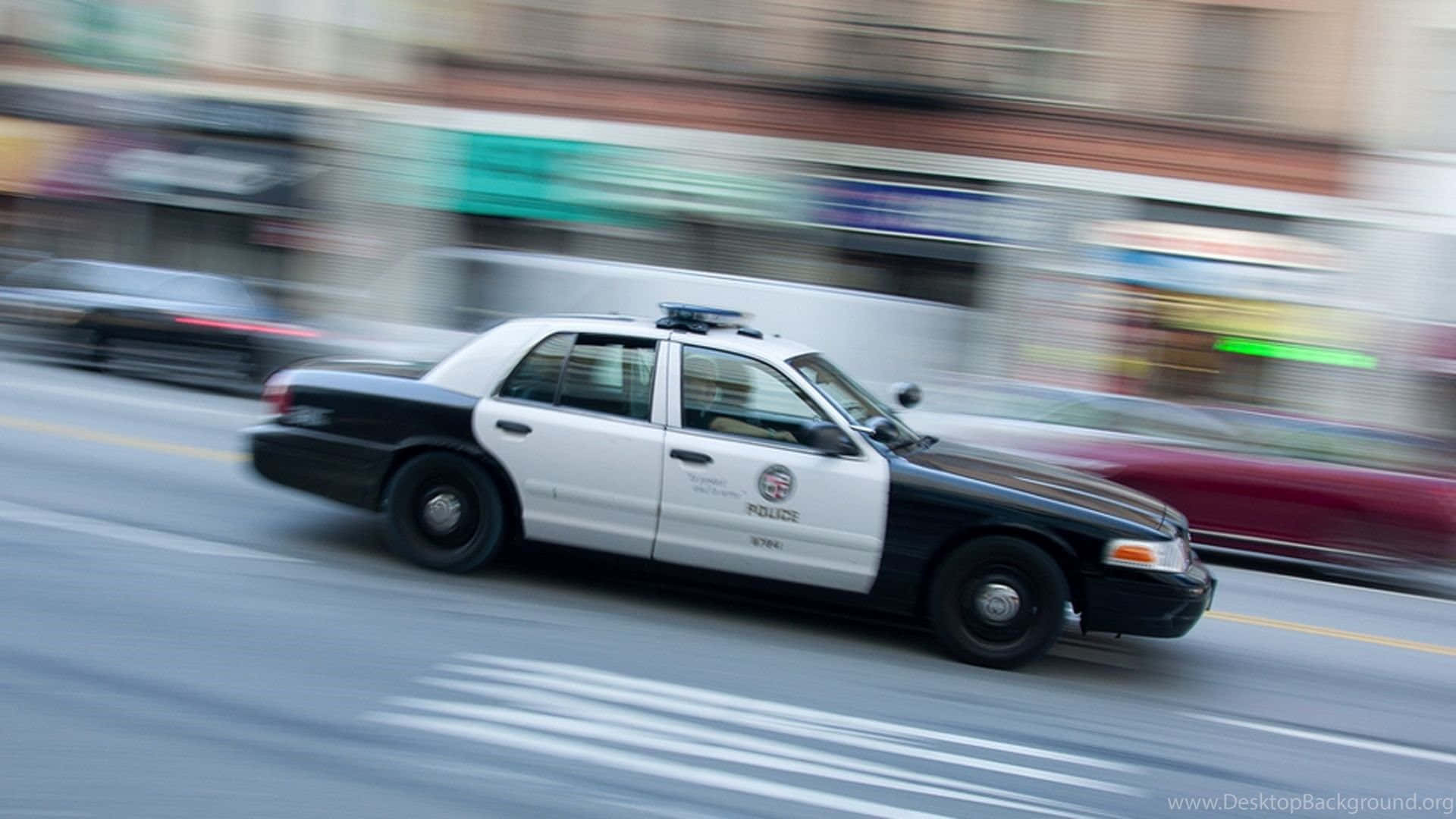speeding police car, black and white, city street, Full HD Desktop Wallpaper