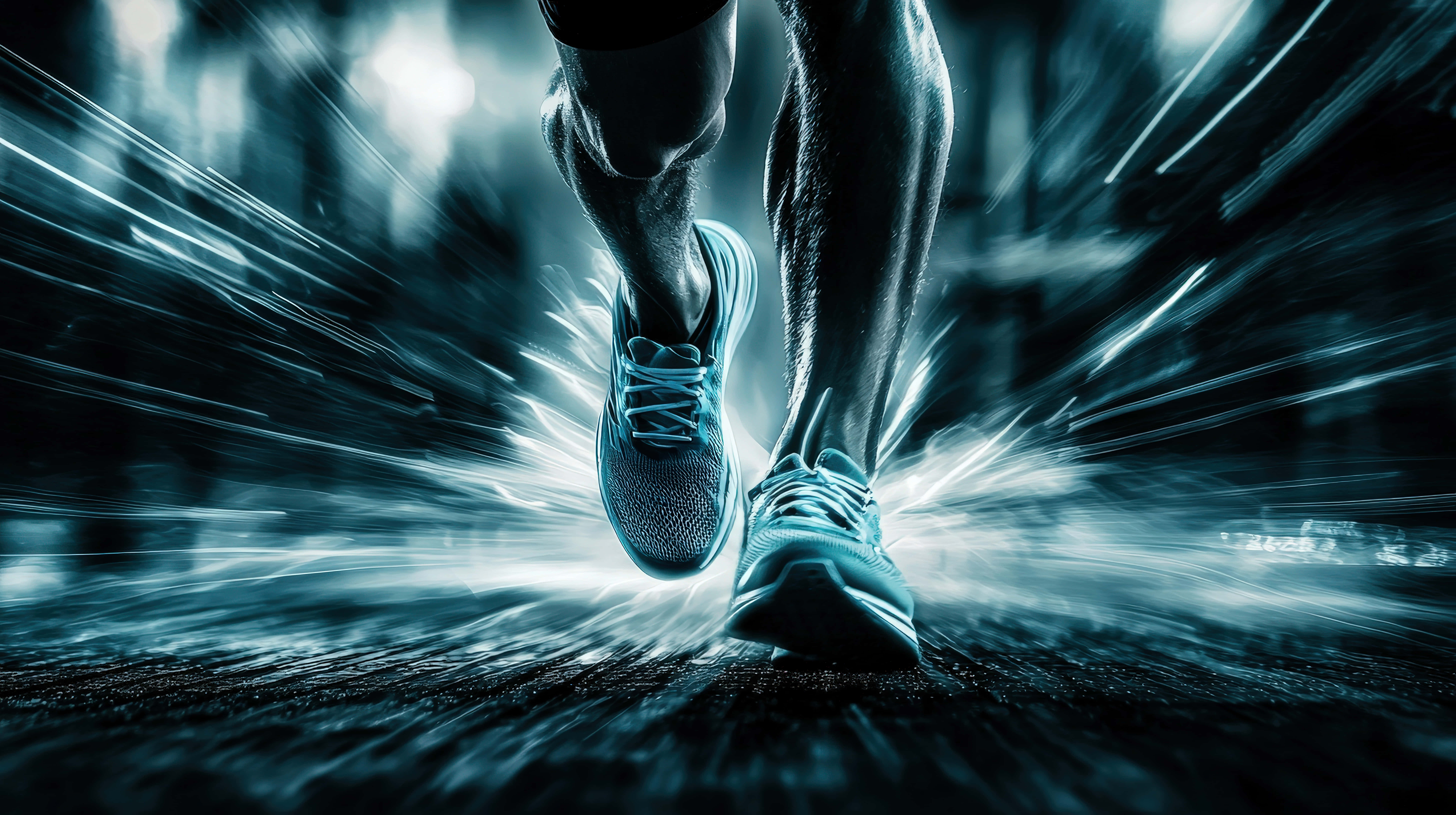 runner's legs, futuristic blue glow, speed bursts, 8K Desktop Wallpaper