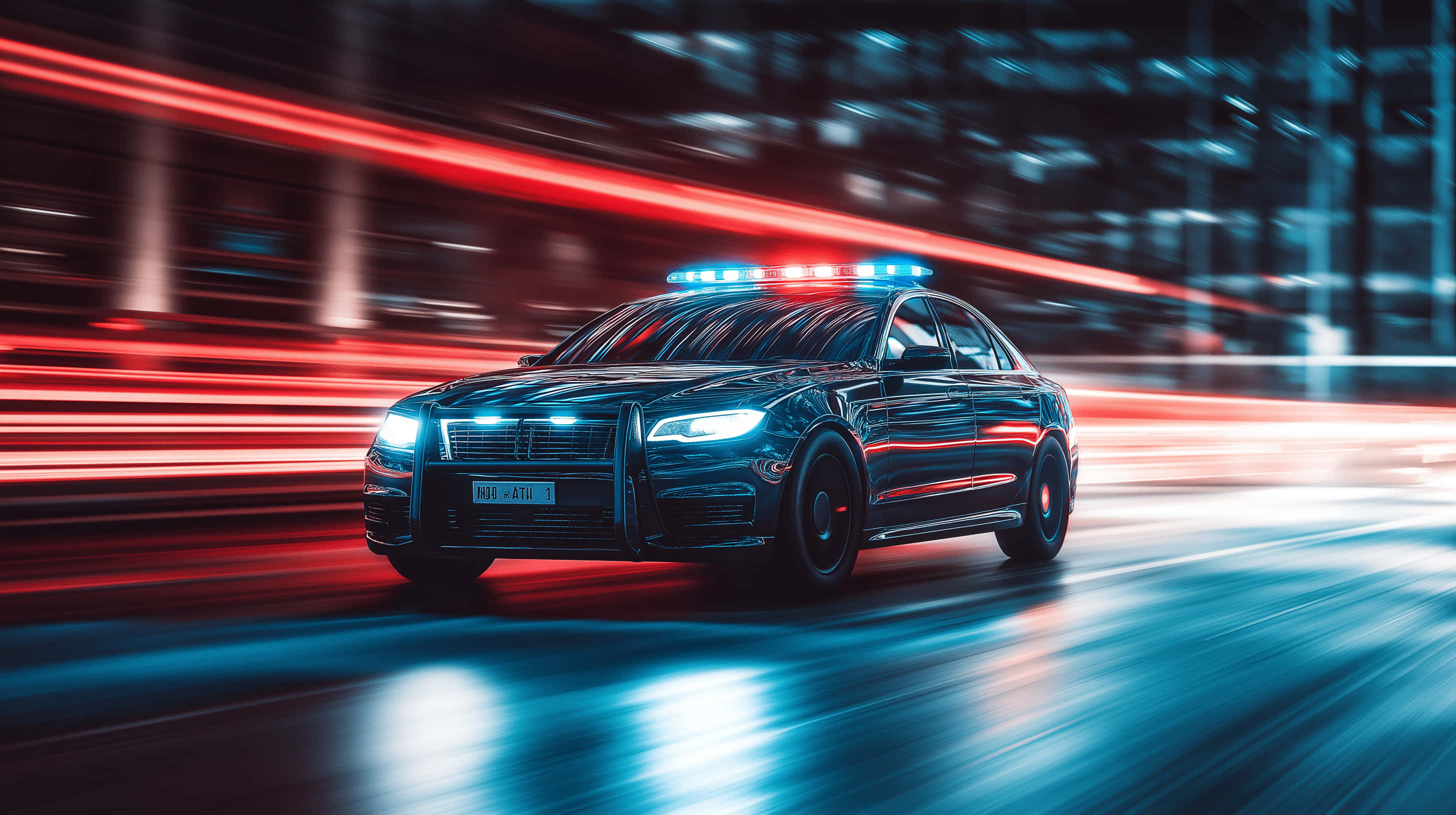 sleek black police car, flashing blue lights, neon-lit city street, 2K Desktop Wallpaper