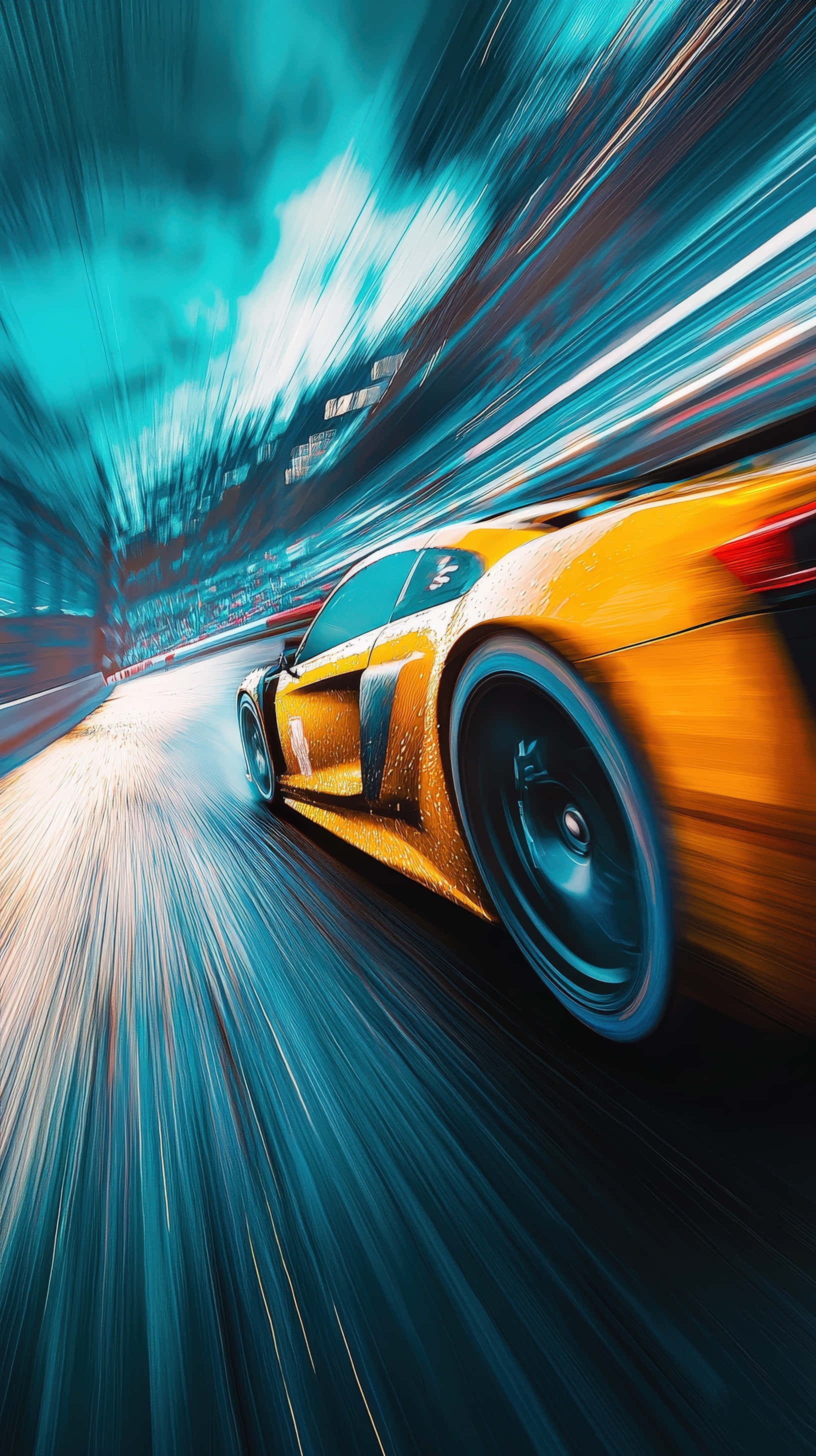 sleek yellow sports car, wet track, tunnel, 2K Phone Wallpaper