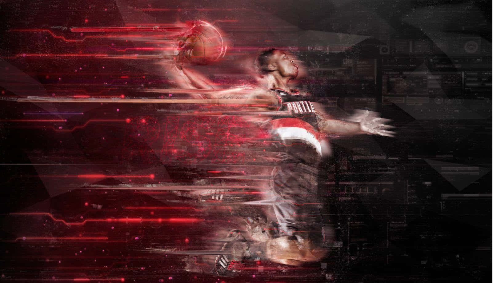 basketball player, red digital streaks, dark glitchy background, HD Desktop Wallpaper