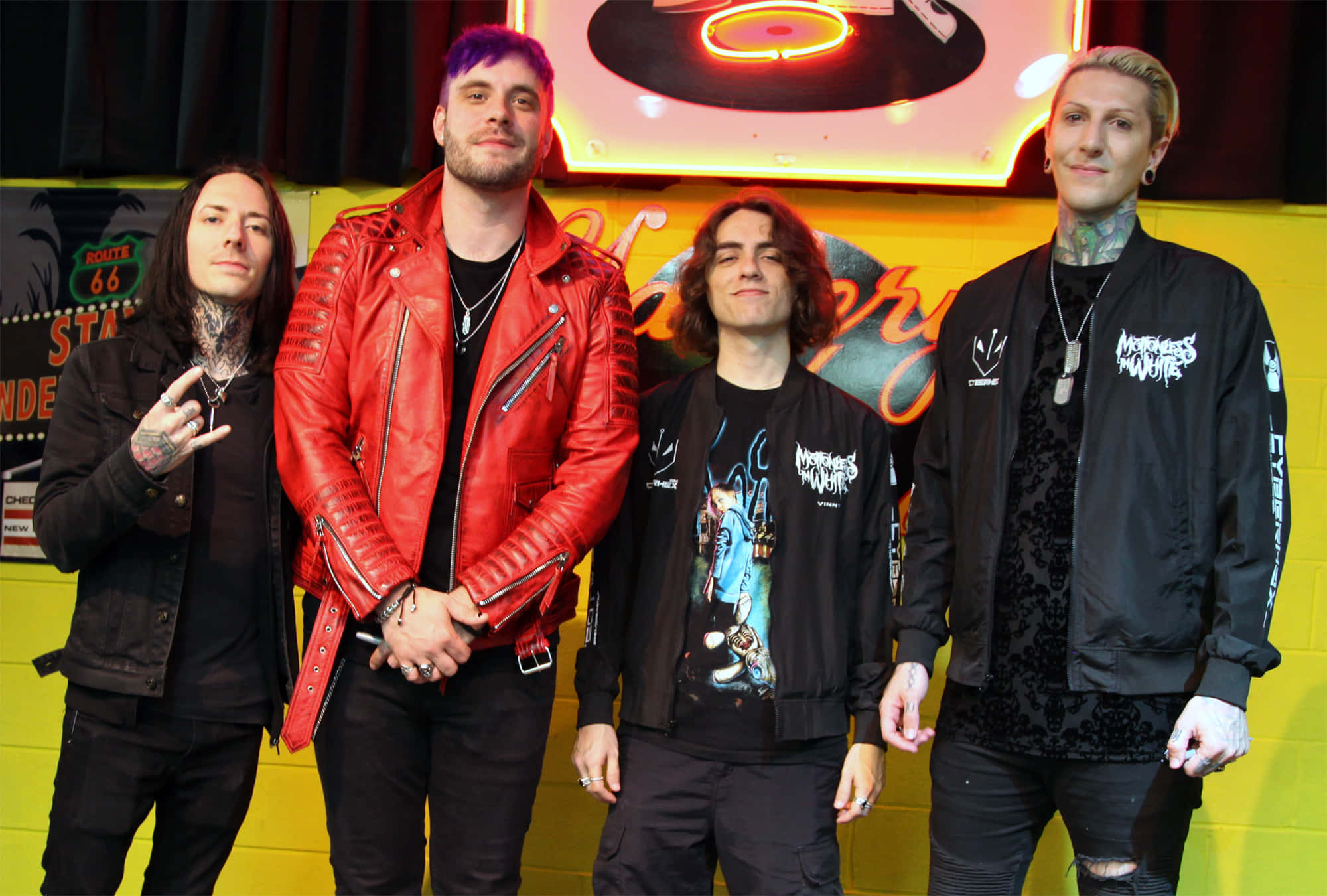 Motionless in White, neon Route 66 sign, vinyl record backdrop, Full HD Desktop Wallpaper