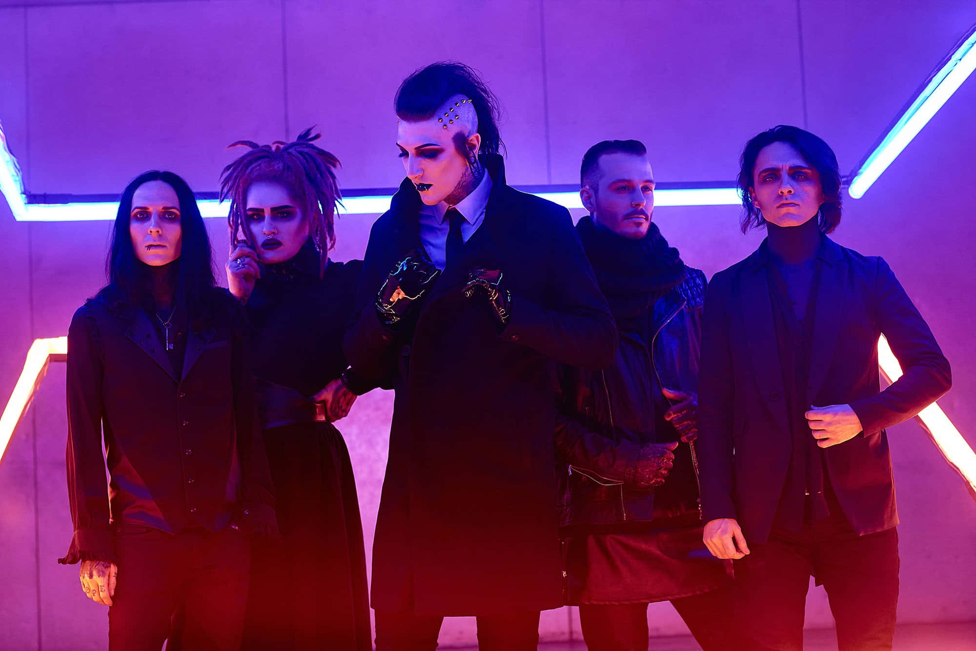 Motionless in White, neon-lit purple and blue corridor, goth band members, Full HD Desktop Wallpaper