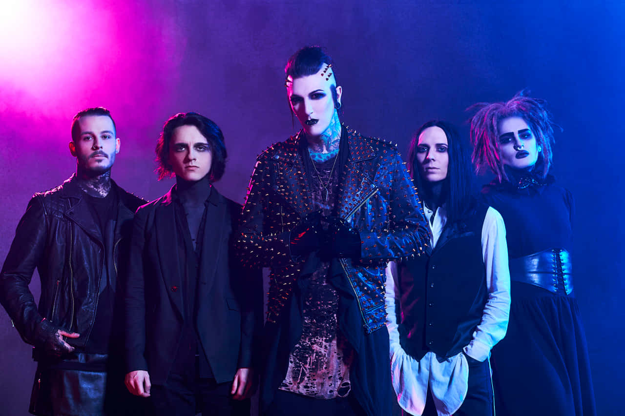 Motionless in White, goth metal band, pink and blue stage lights, HD Desktop Wallpaper