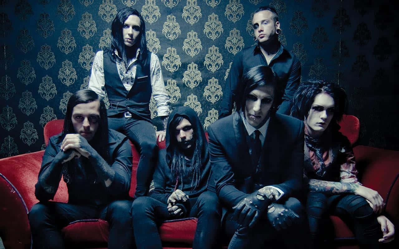 Motionless in White, goth rock band, red velvet couch, HD Desktop Wallpaper