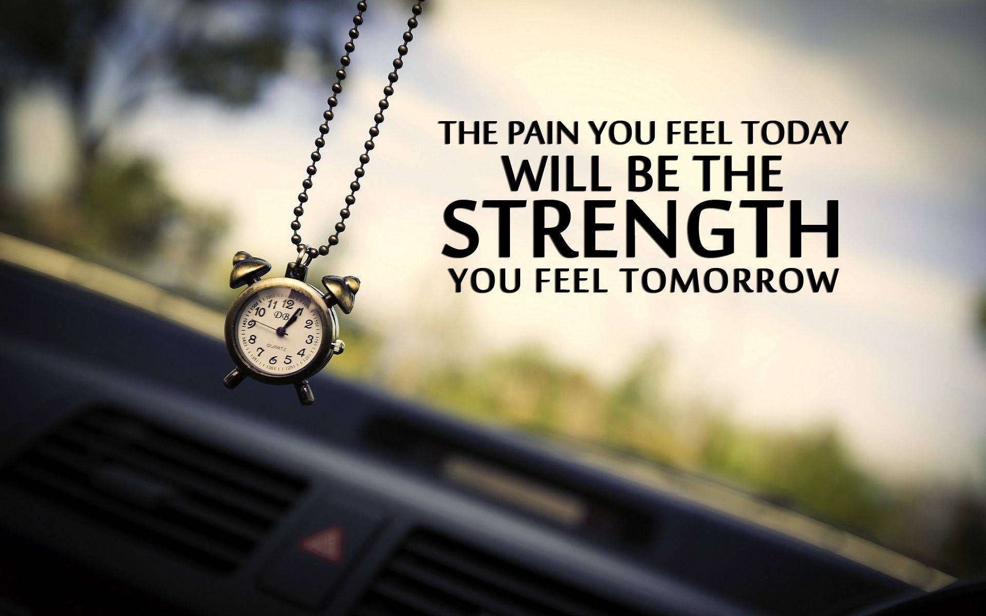 alarm clock pendant, car's rearview mirror, motivational text, Full HD Desktop Wallpaper