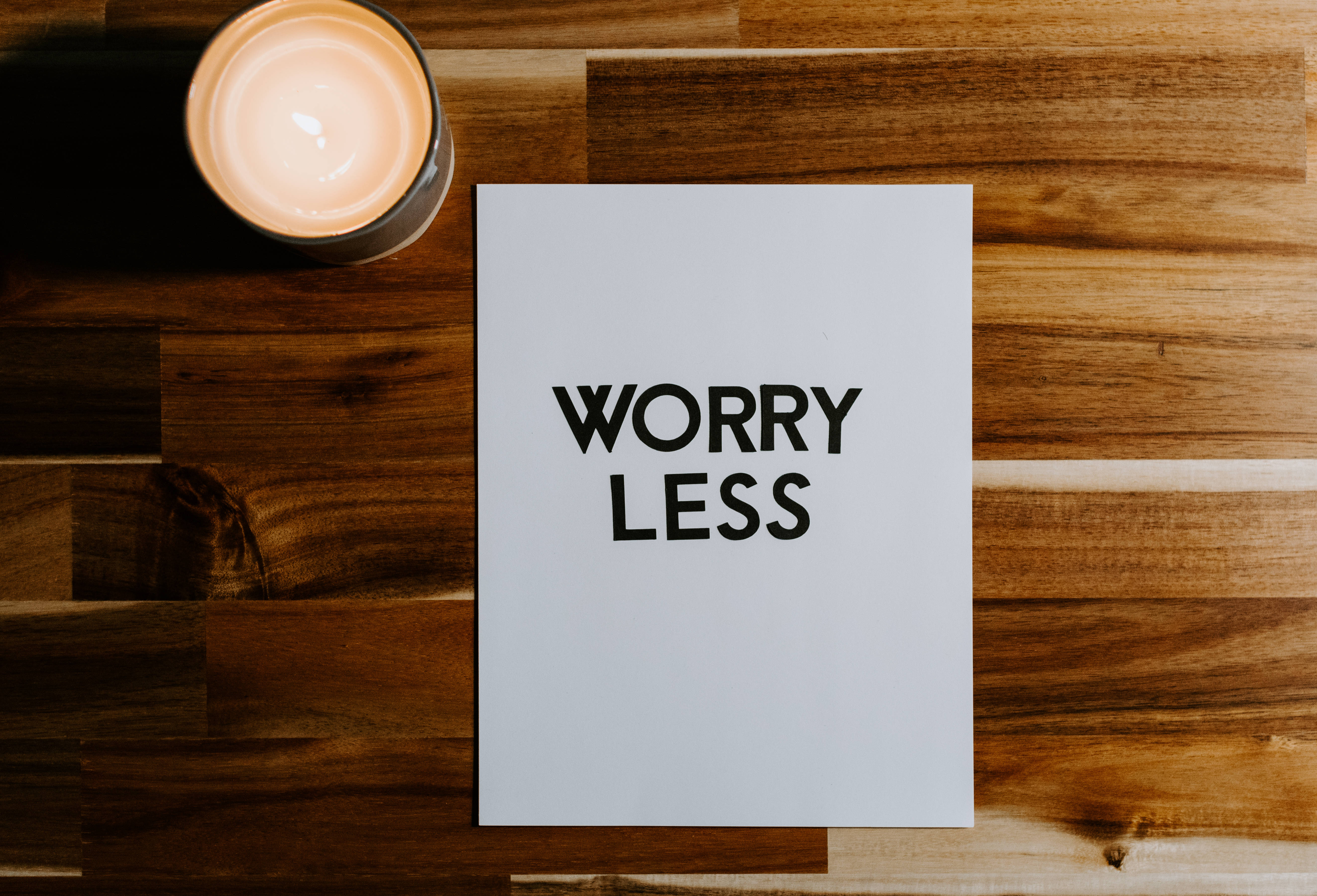 WORRY LESS, candle, white card, 5K Desktop Wallpaper
