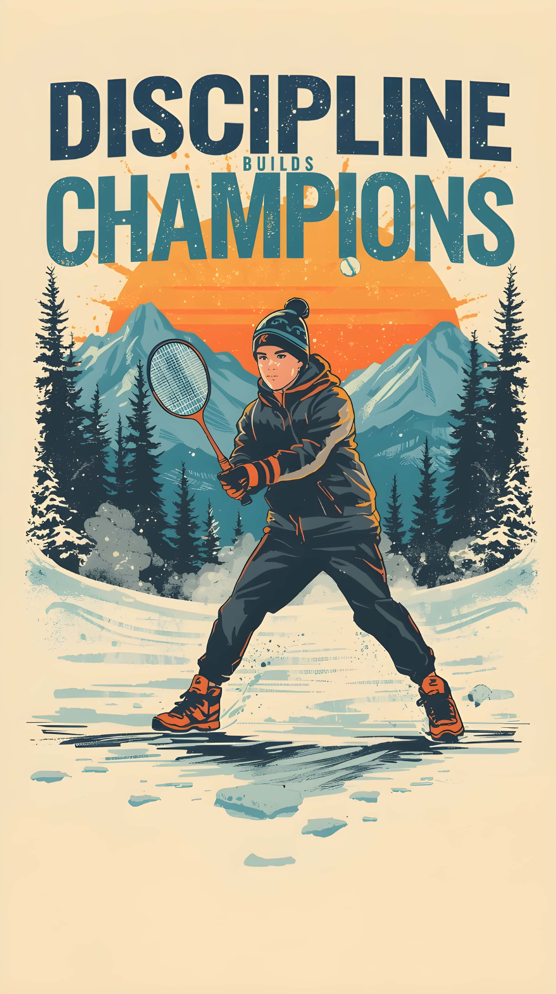young tennis player, winter gear, snowy mountain backdrop, 4K Phone Wallpaper