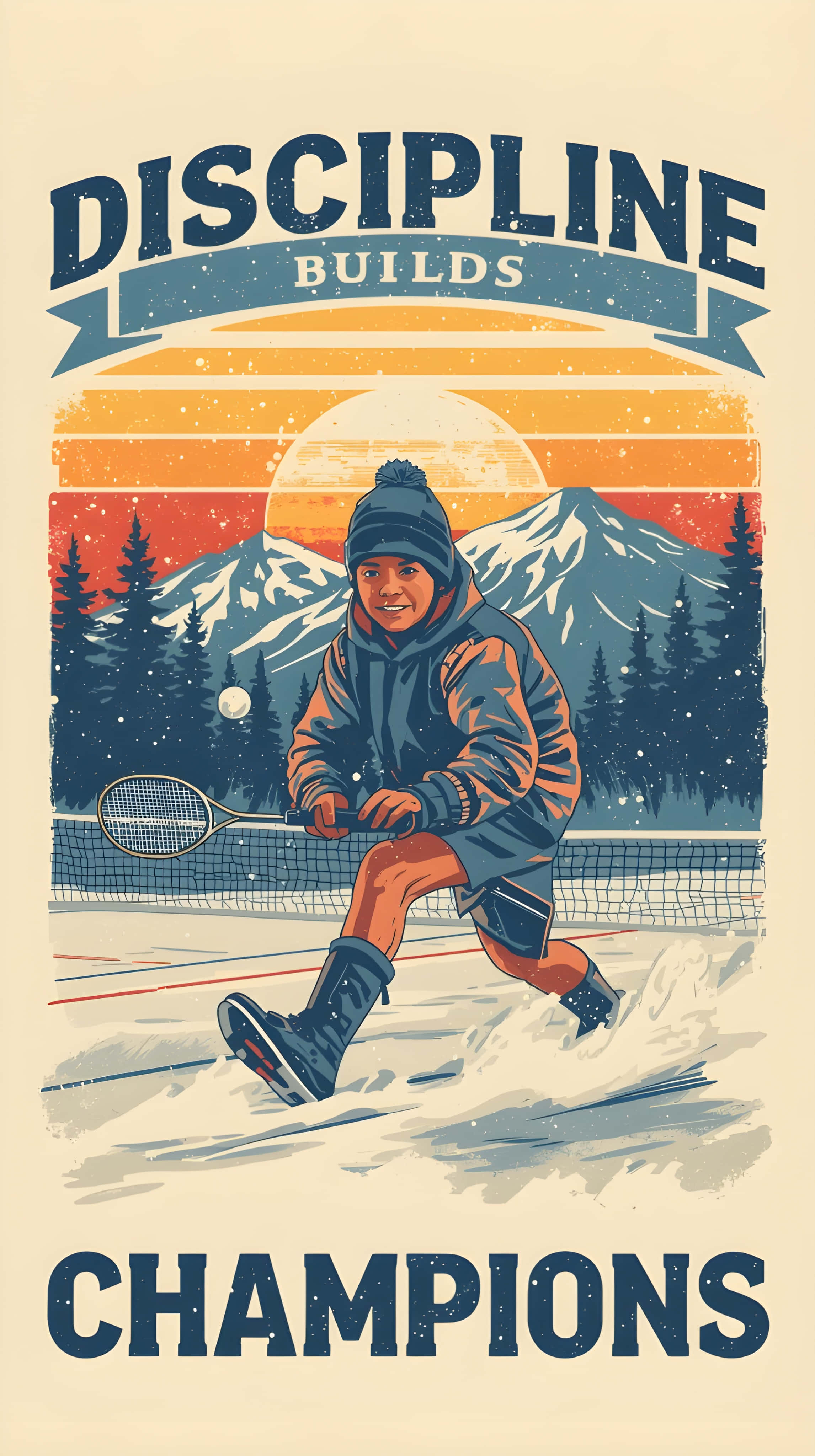 vintage poster, child playing tennis, snow, 4K Phone Wallpaper