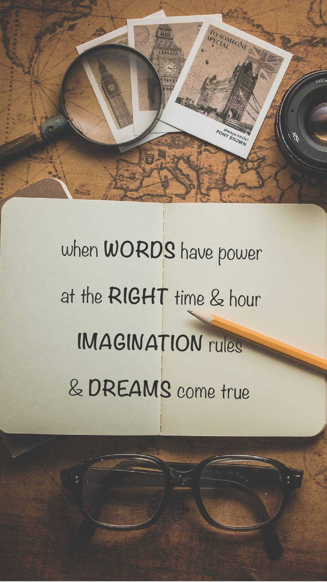 vintage notebook, motivational text, map, Full HD Phone Wallpaper