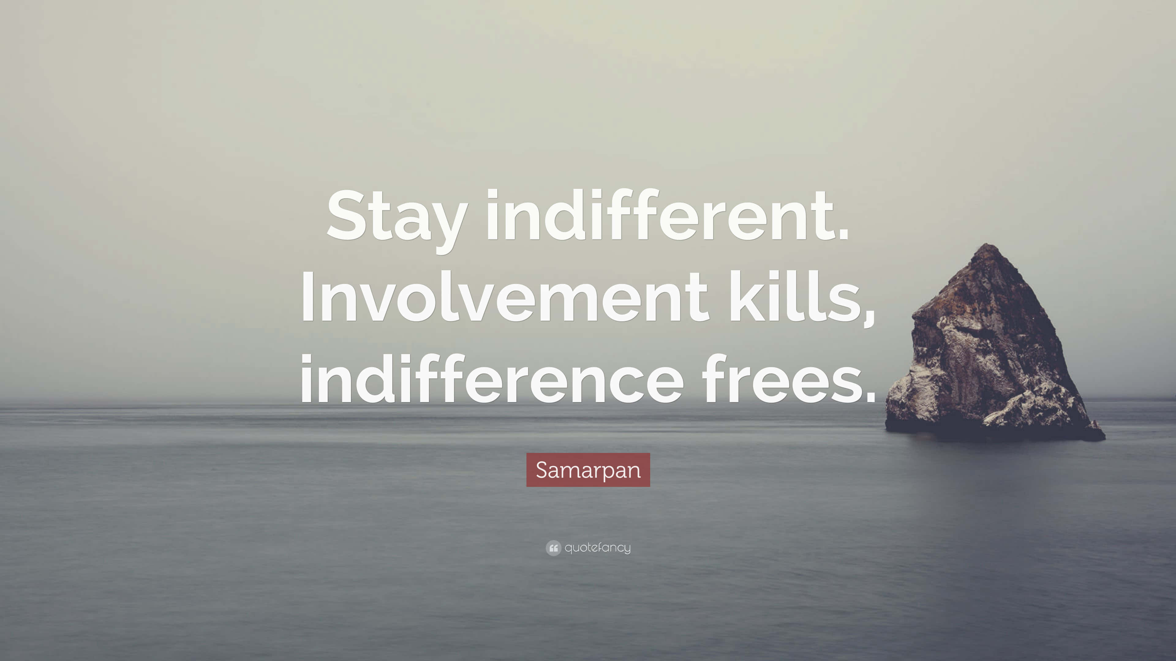 Stay Indifferent, solitary rocky island, calm gray waters, 4K Desktop Wallpaper