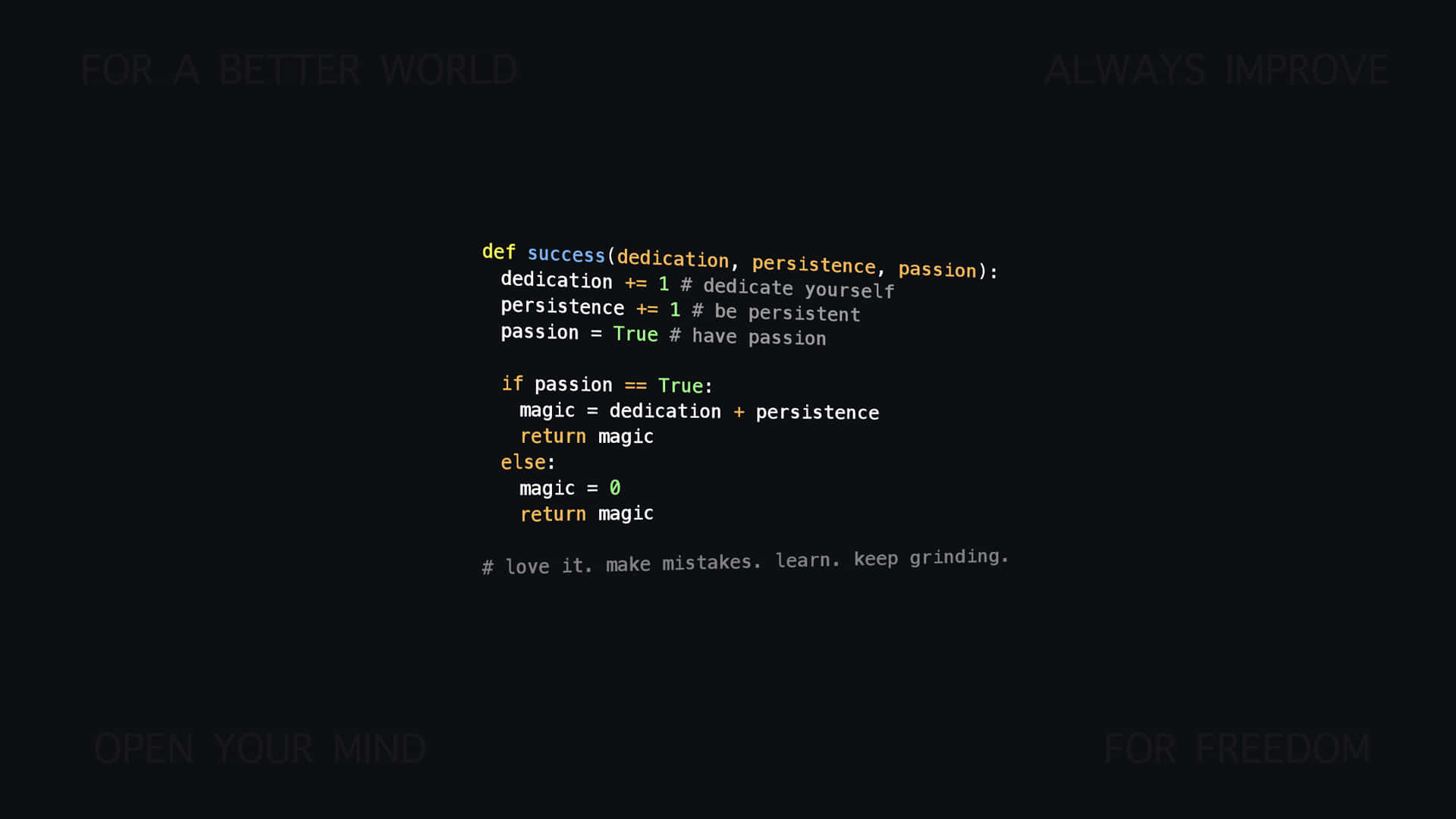 Python code, motivational text, dark screen, Full HD Desktop Wallpaper