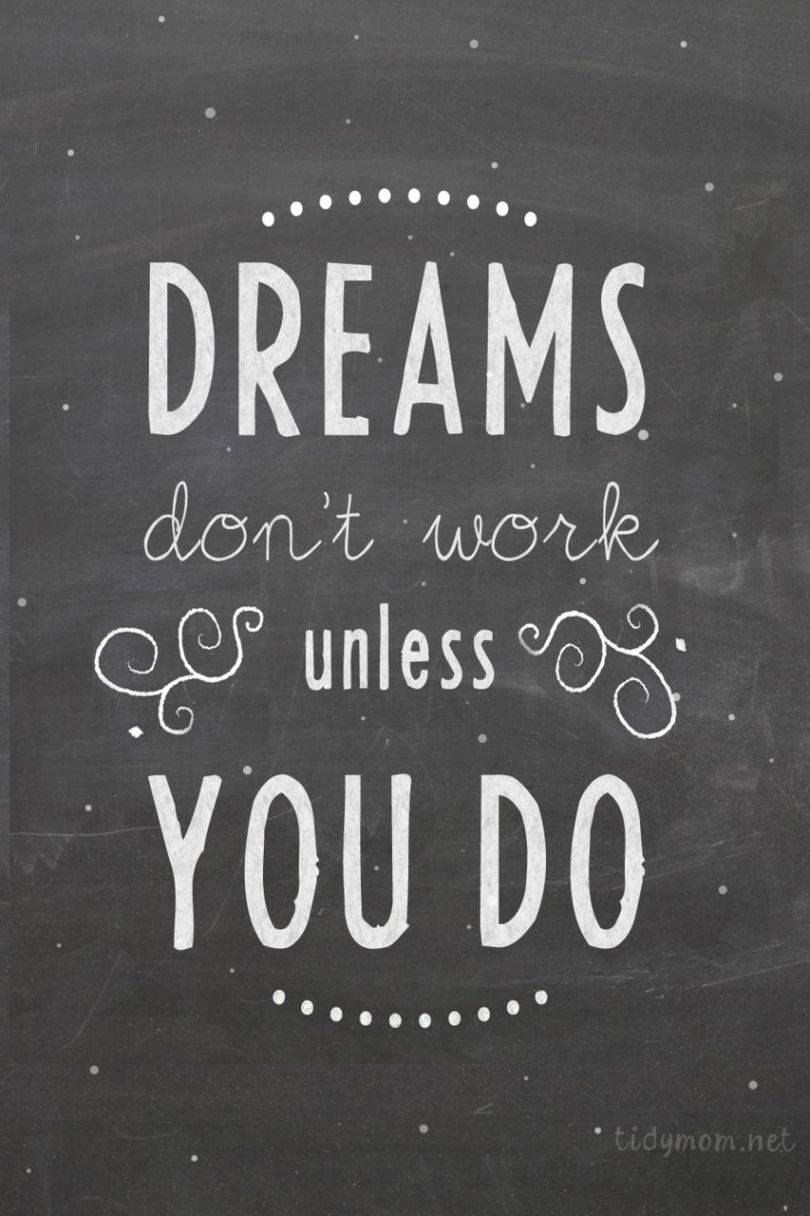 white chalk-style text, dark textured chalkboard, DREAMS don't work unless YOU DO, SD Phone Wallpaper