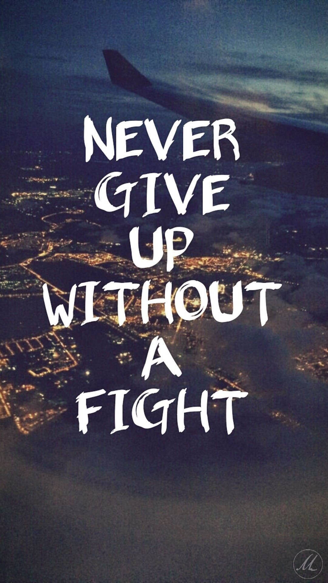 city lights at night, airplane wing, motivational text never give up without a fight, Full HD Phone Wallpaper