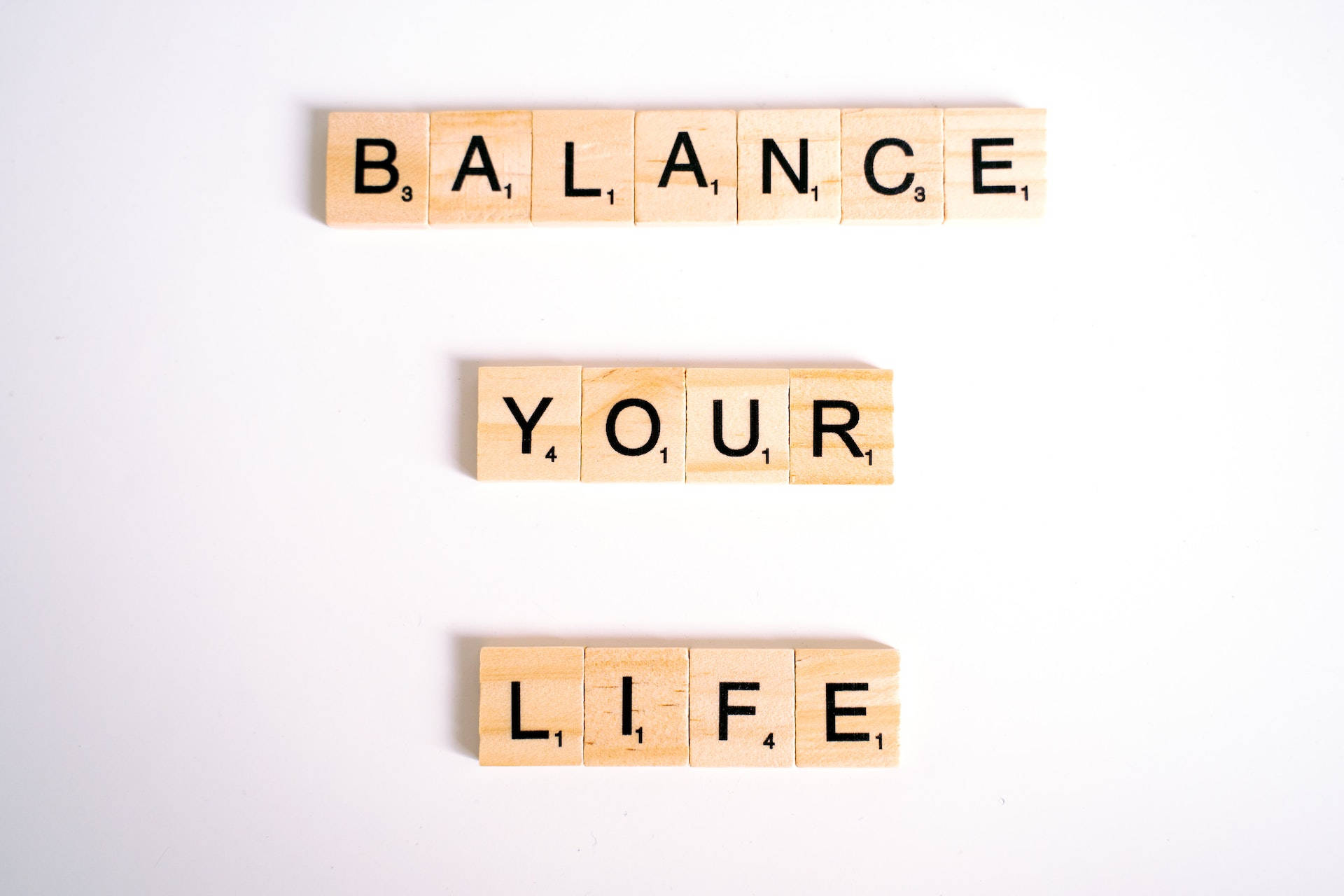Wooden Scrabble tiles, BALANCE YOUR LIFE, three rows, Full HD Desktop Wallpaper