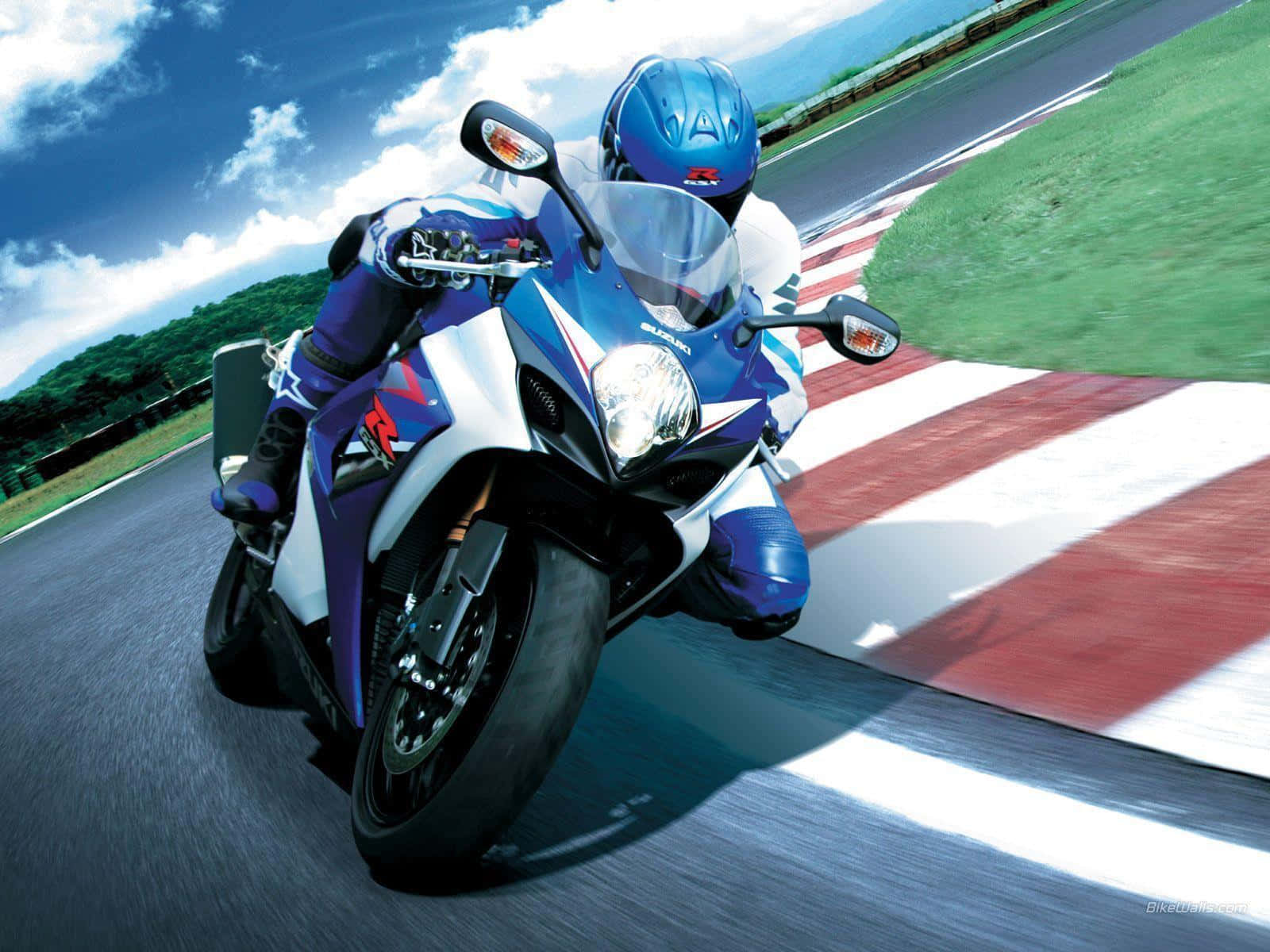 blue gear, blue and white sport motorcycle, racetrack, HD Desktop Wallpaper