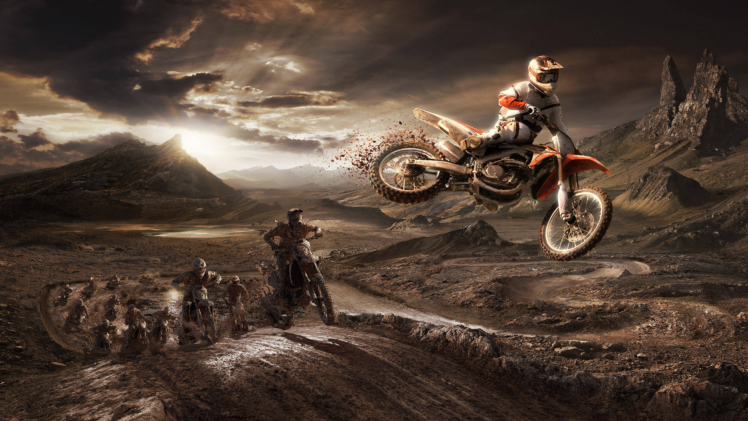 Monster Dirt Bike, desert trail, sunset sky, 2K Desktop Wallpaper