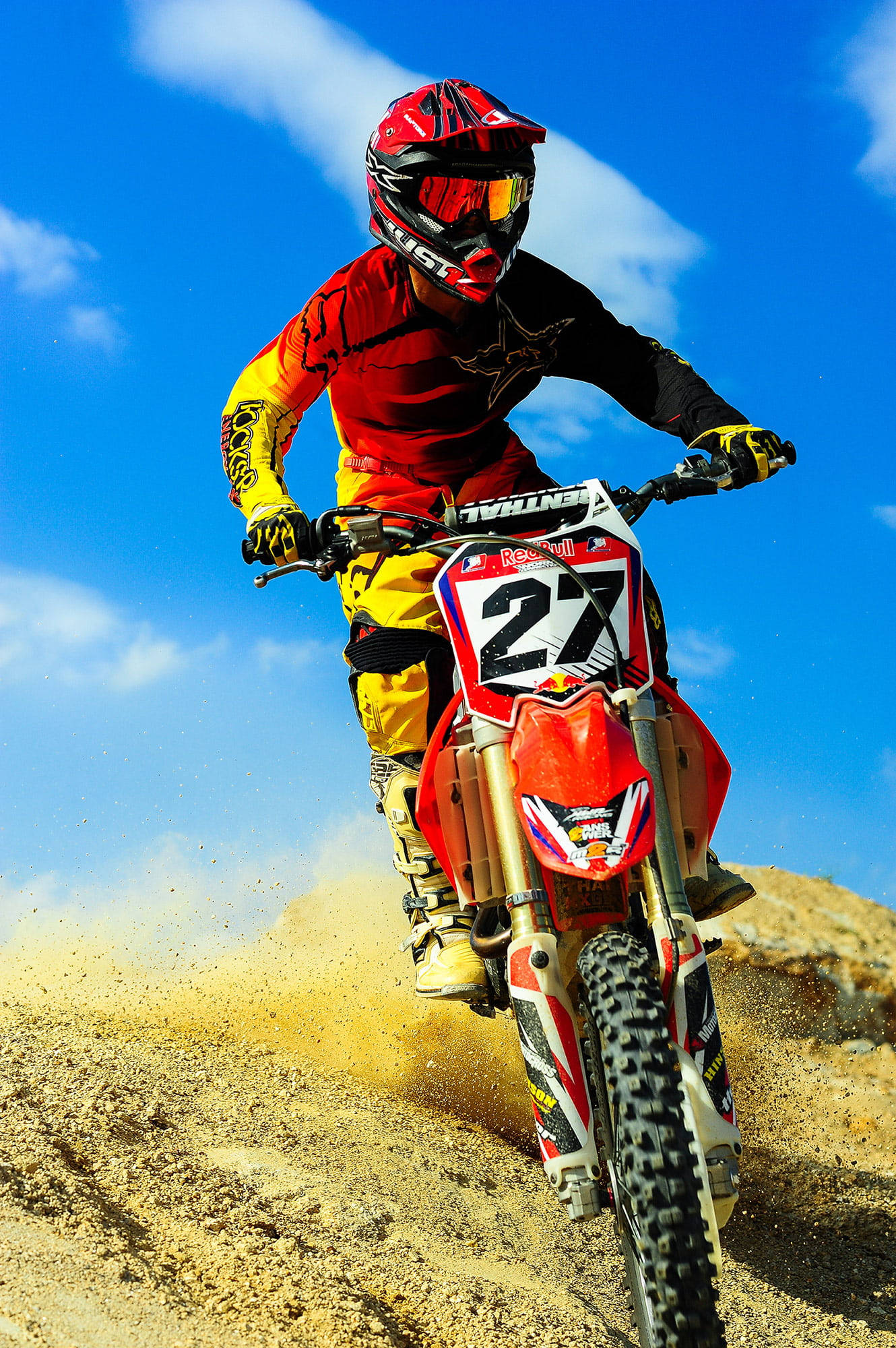 Motocross Bike 27, red and yellow gear, dirt mound, Full HD Phone Wallpaper