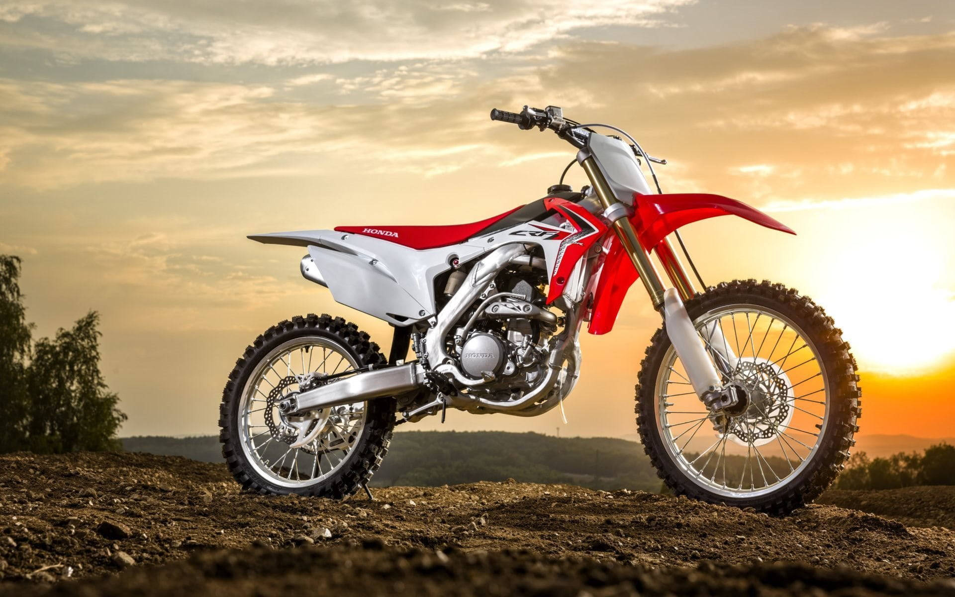 red Honda CRF dirt bike, sunset, golden sky, Full HD Desktop Wallpaper