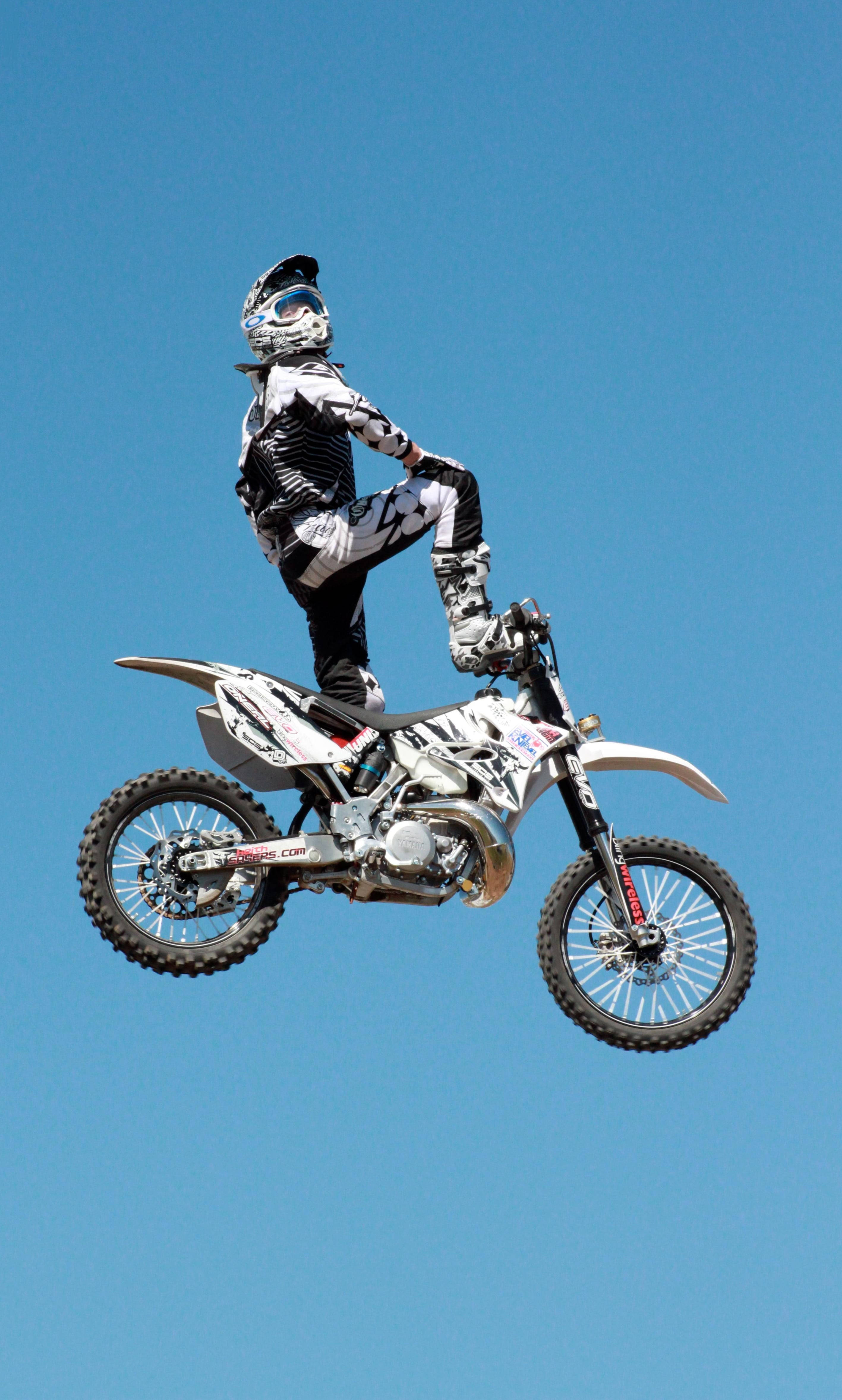 motocross rider, kneeling jump, white dirt bike, 4K Phone Wallpaper