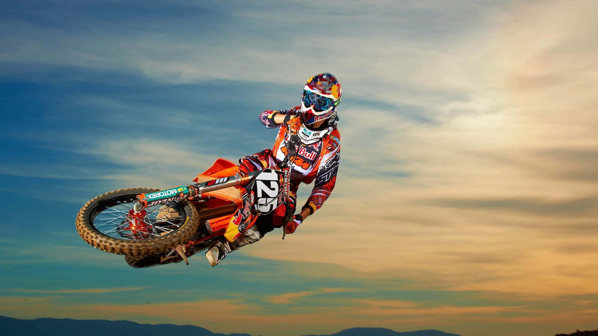orange bike, sunset sky, distant mountains, Full HD Desktop Wallpaper