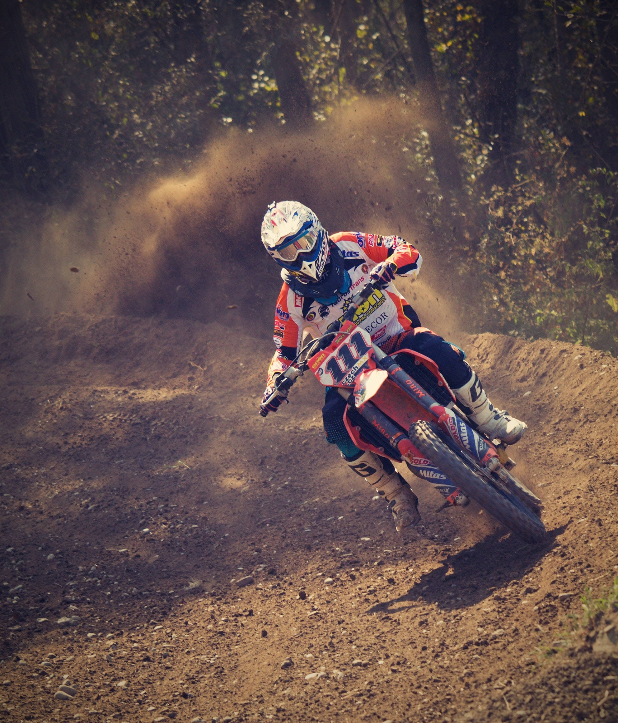 motocross rider, dirt track, sunlit forest, Full HD Phone Wallpaper