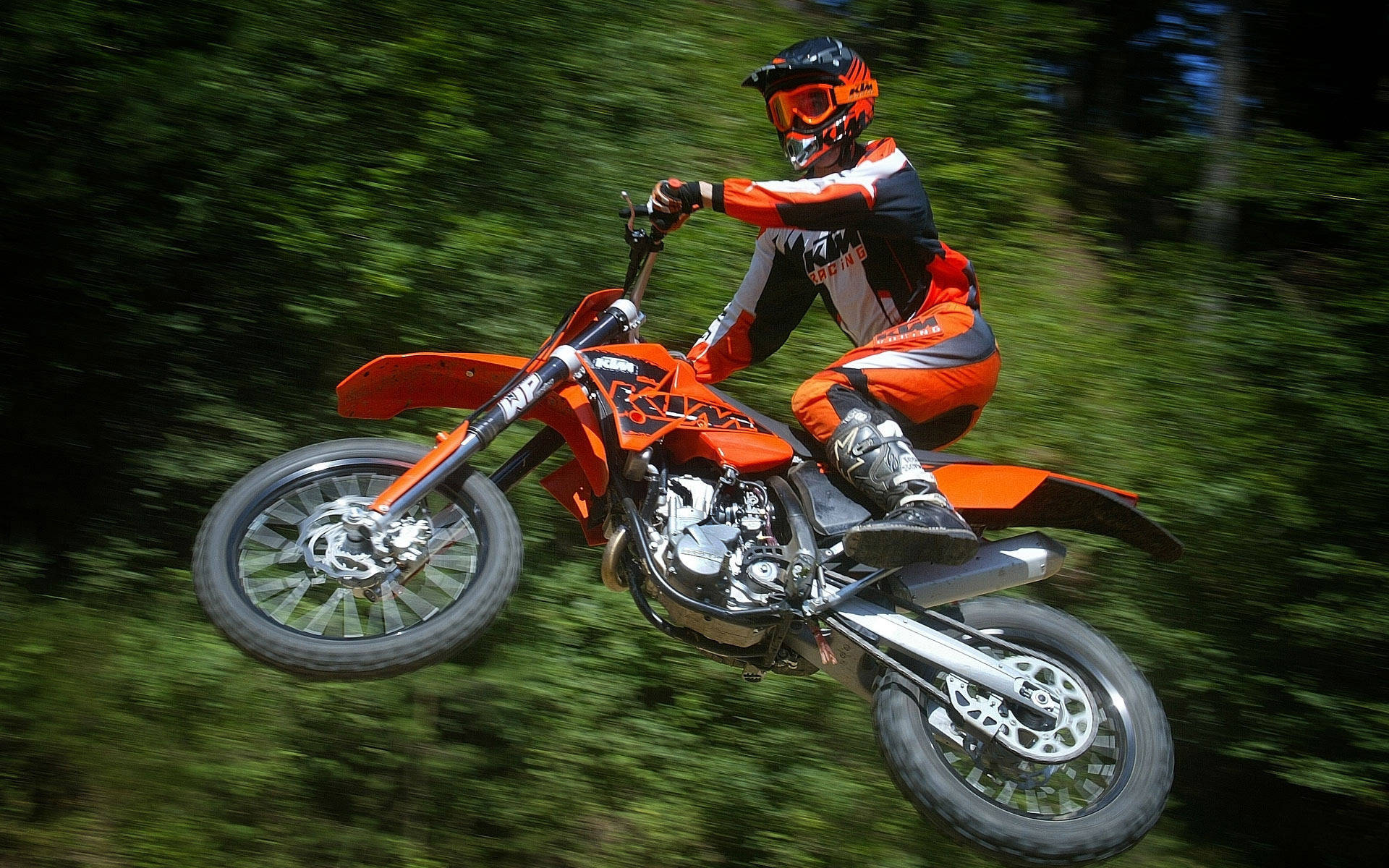 Forest Orange Motocross Jump, orange gear, vibrant orange KTM bike, Full HD Desktop Wallpaper