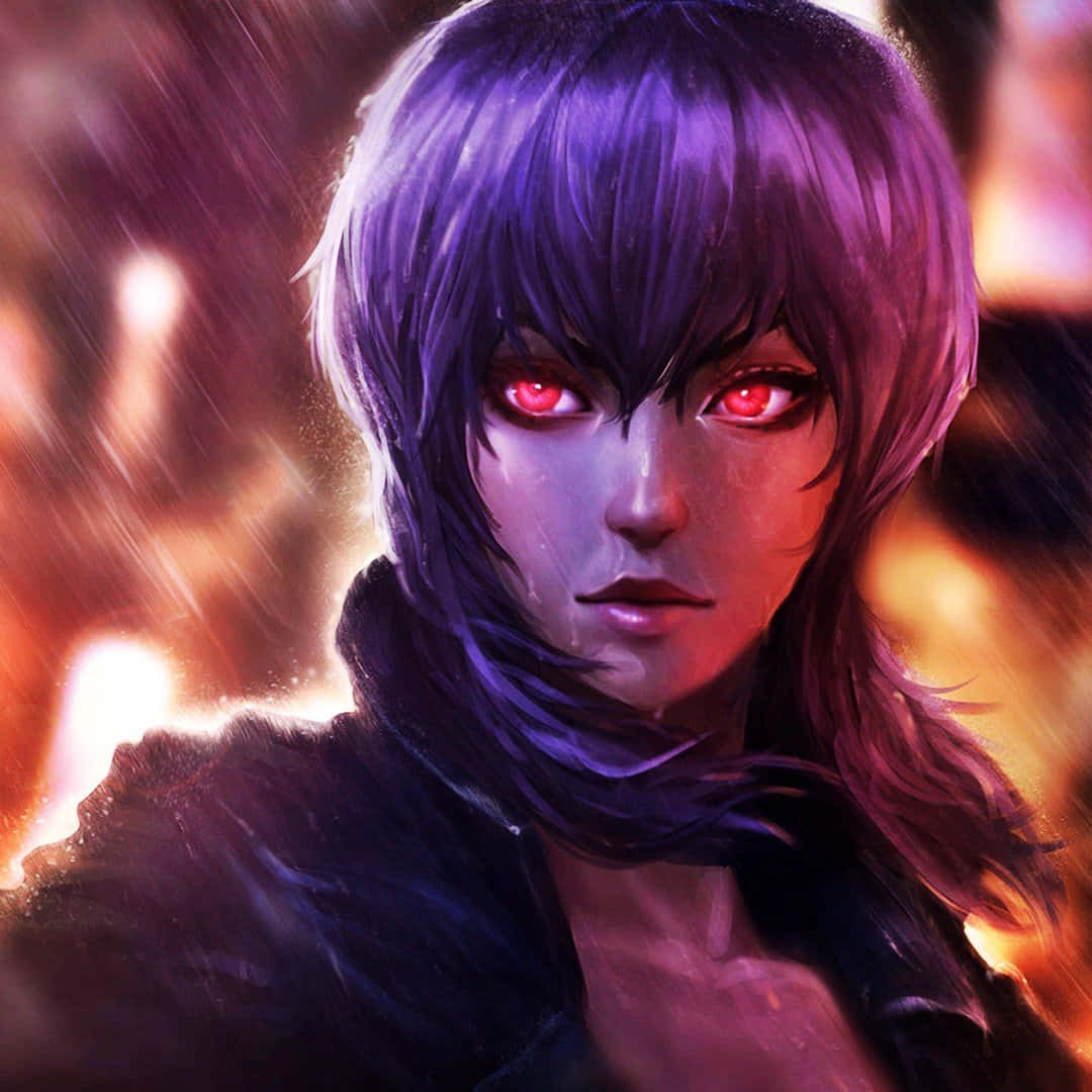 Motoko Kusanagi, glowing red eyes, purple hair, SD Desktop Wallpaper