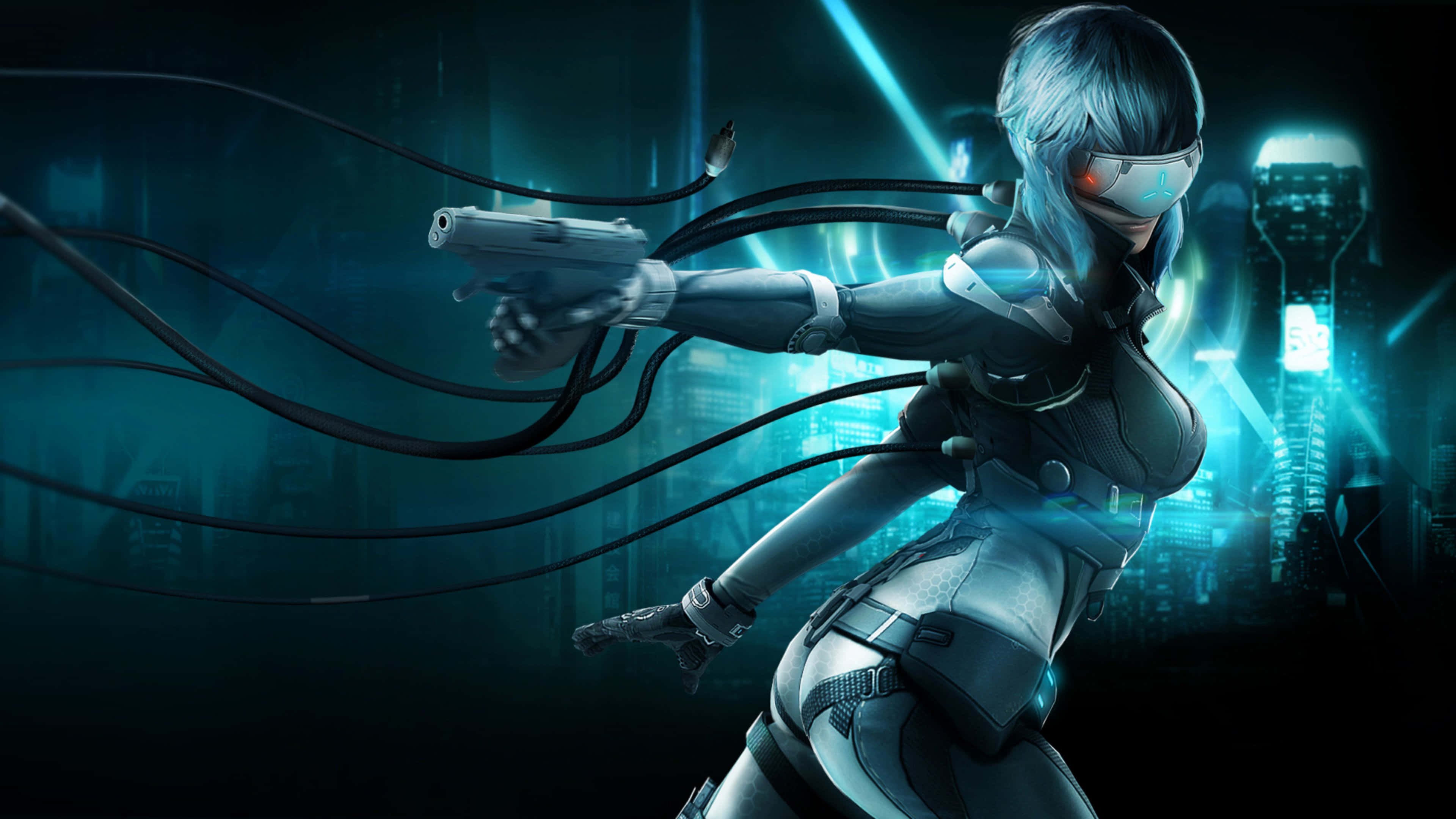 Motoko Kusanagi, blue hair, glowing goggles, 4K Desktop Wallpaper